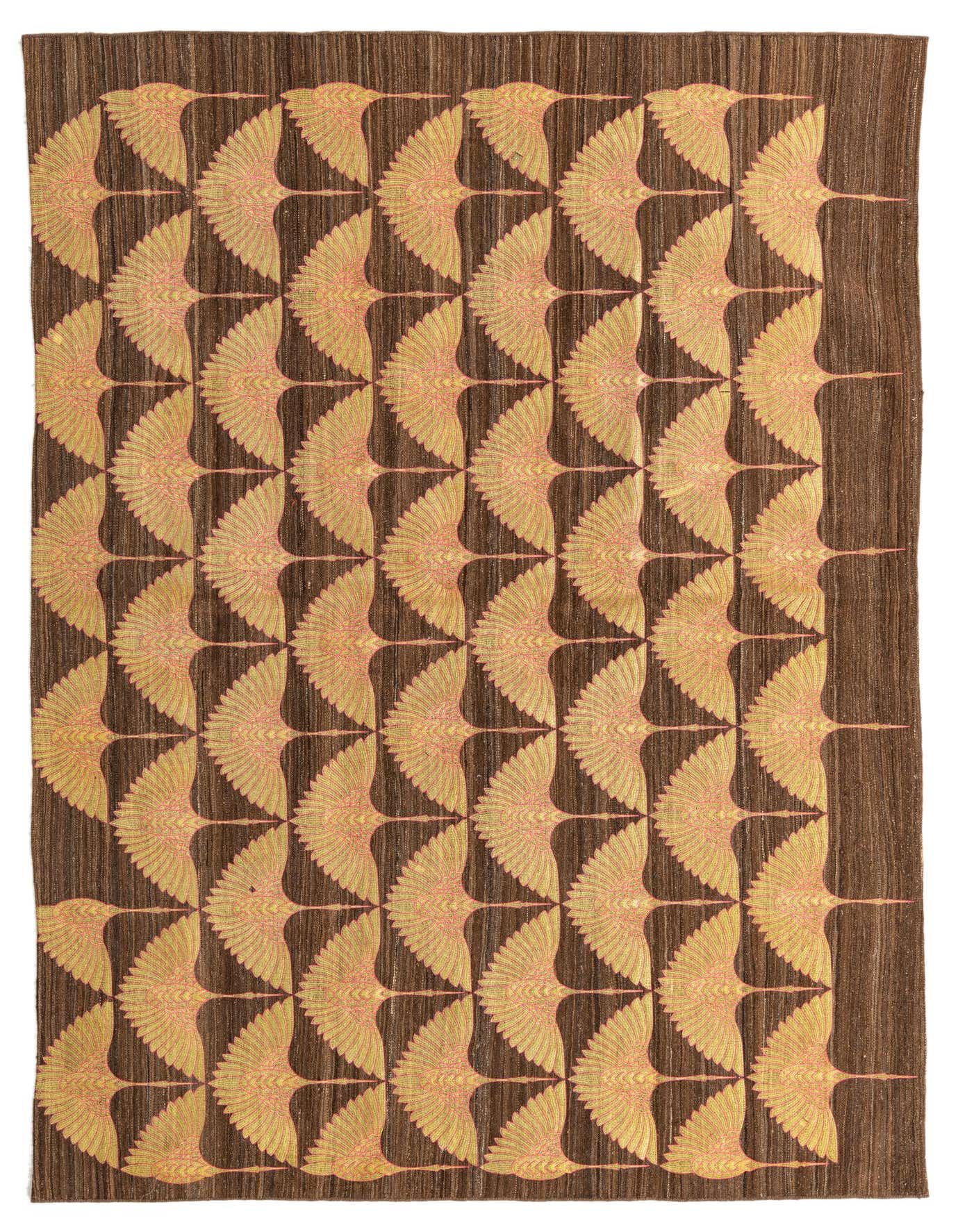 A 5x8 rectangular Kilim Modern wool rug with a repeating pattern of stylized tan and pink birds on a dark brown background.