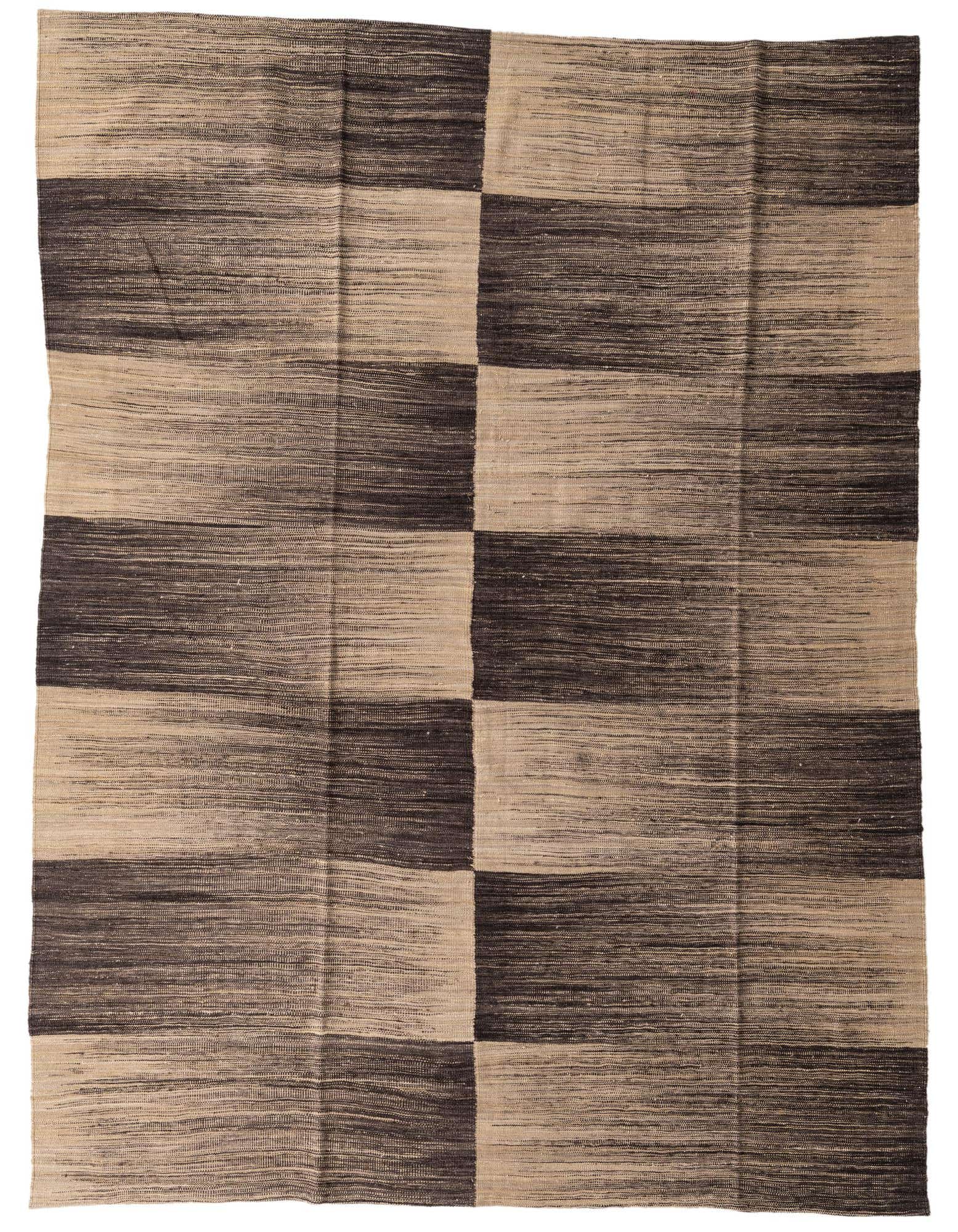 An 8x10 rectangular flatweave wool rug featuring a modern tribal pattern of alternating horizontal stripes and solid blocks in varying shades of brown and tan.