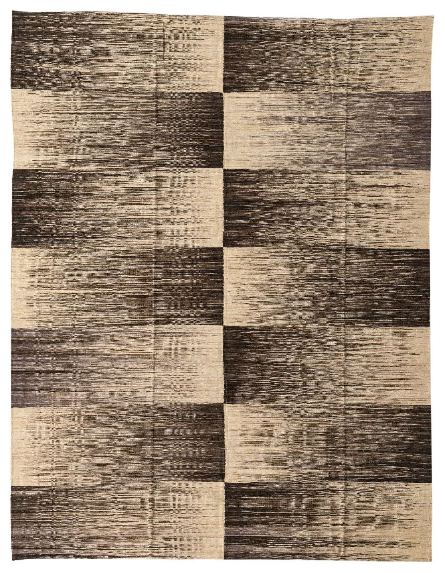 An 8x10 rectangular flatweave rug featuring a modern tribal pattern in varying shades of brown and tan.
