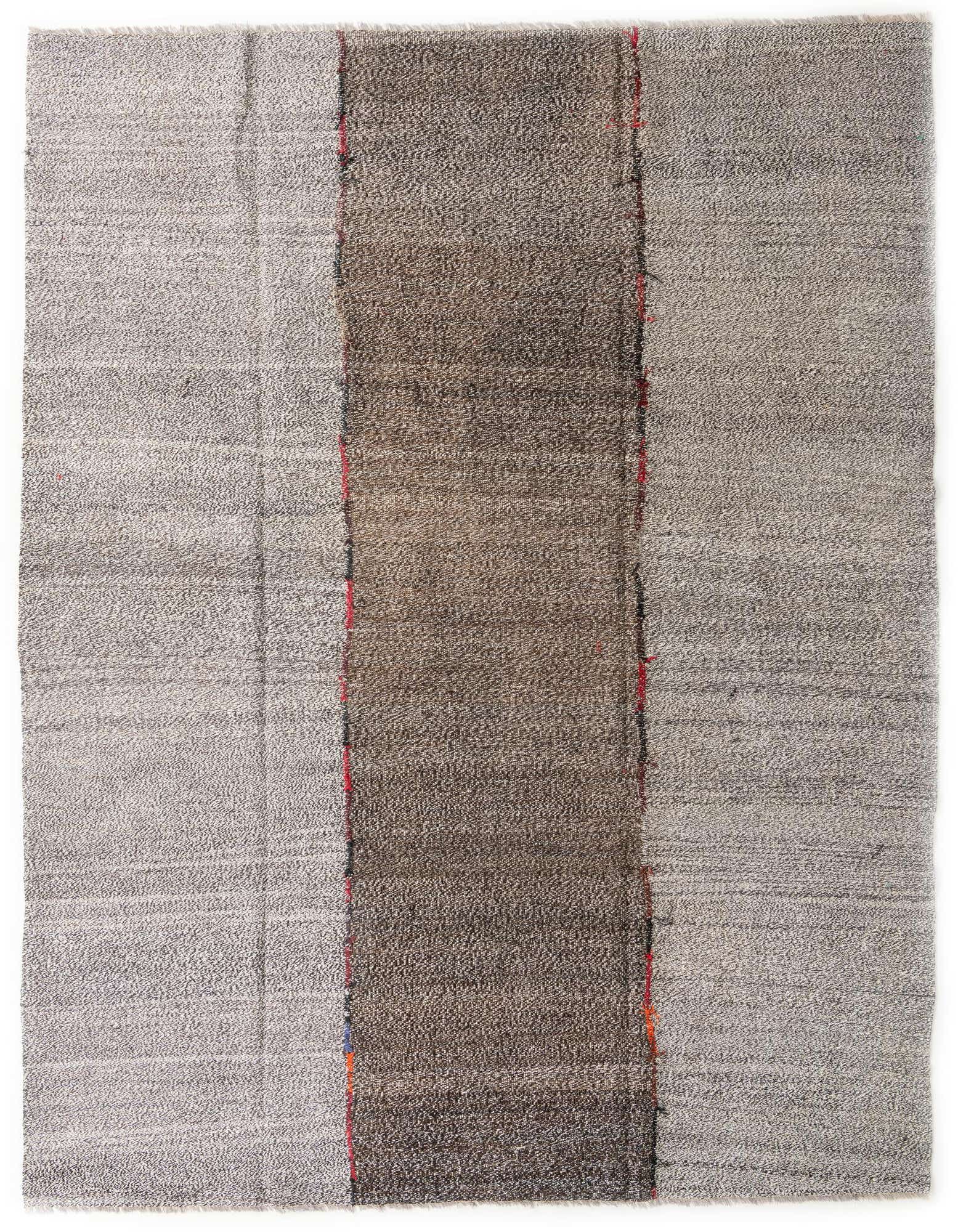 A 9x12 rectangular Kilim Modern rug in shades of brown and tan, featuring a wide central stripe with thin red and black accents, perfect for a living room.