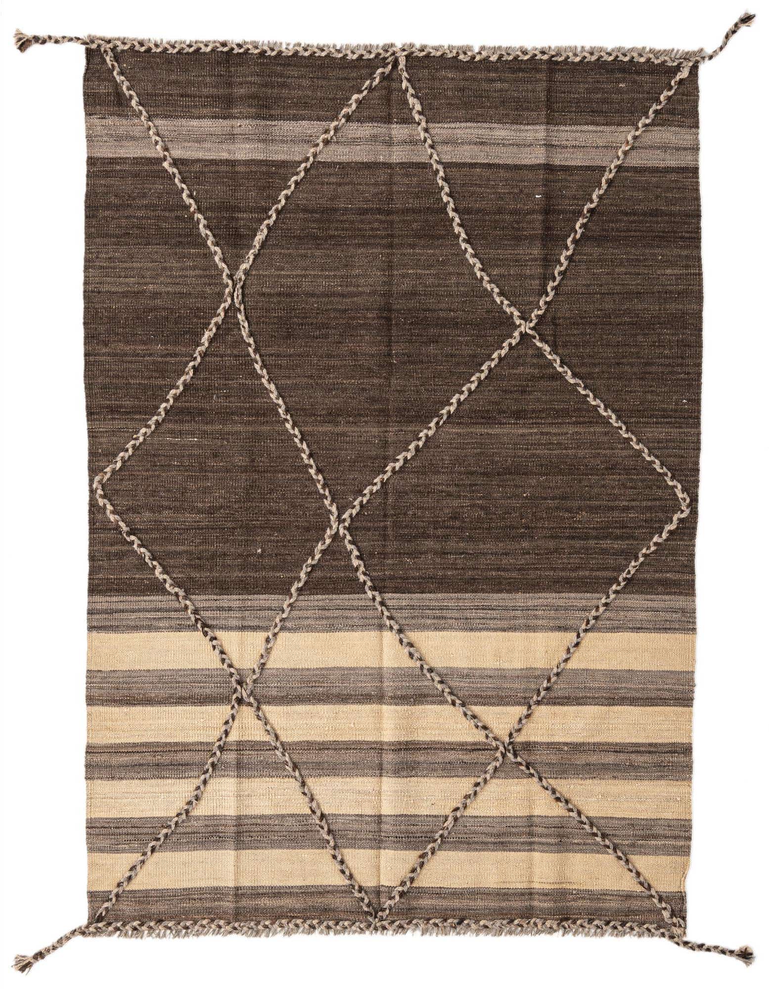 A 4x6 rectangular brown and tan wool flatweave rug with a tribal diamond pattern made of braided texture.