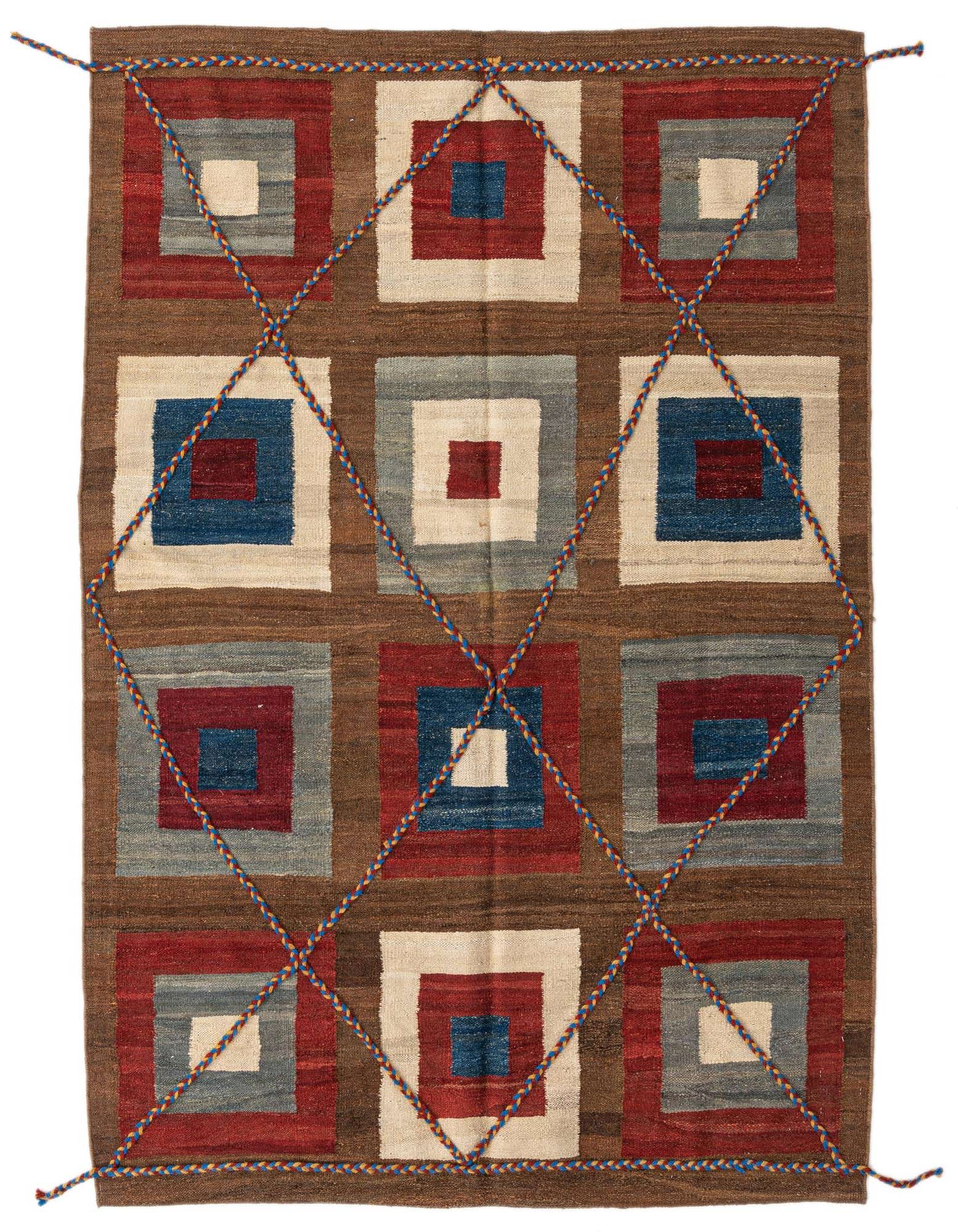 A 5x8 rectangular brown Kilim Modern rug with a tribal geometric pattern of nested squares in red, blue, and tan, accented by braided blue and red lines.