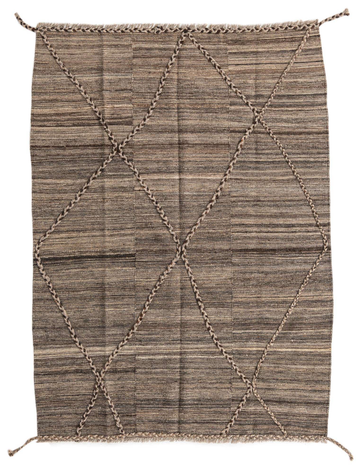 A 4x6 rectangular brown and tan wool flatweave rug with a tribal diamond pattern made from braided texture.
