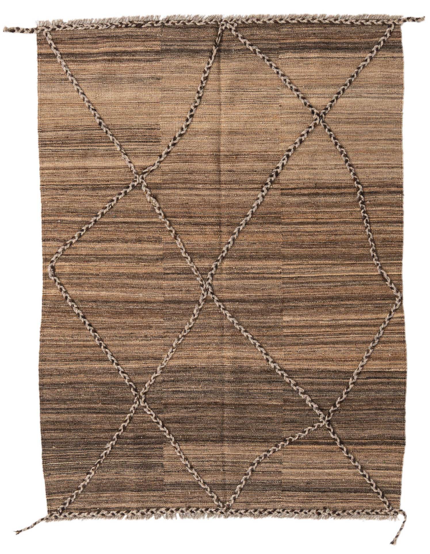 A 4x6 rectangular Kilim Modern wool rug featuring a flatweave texture in varying shades of brown and tan, with a tribal diamond pattern created by raised braided lines.