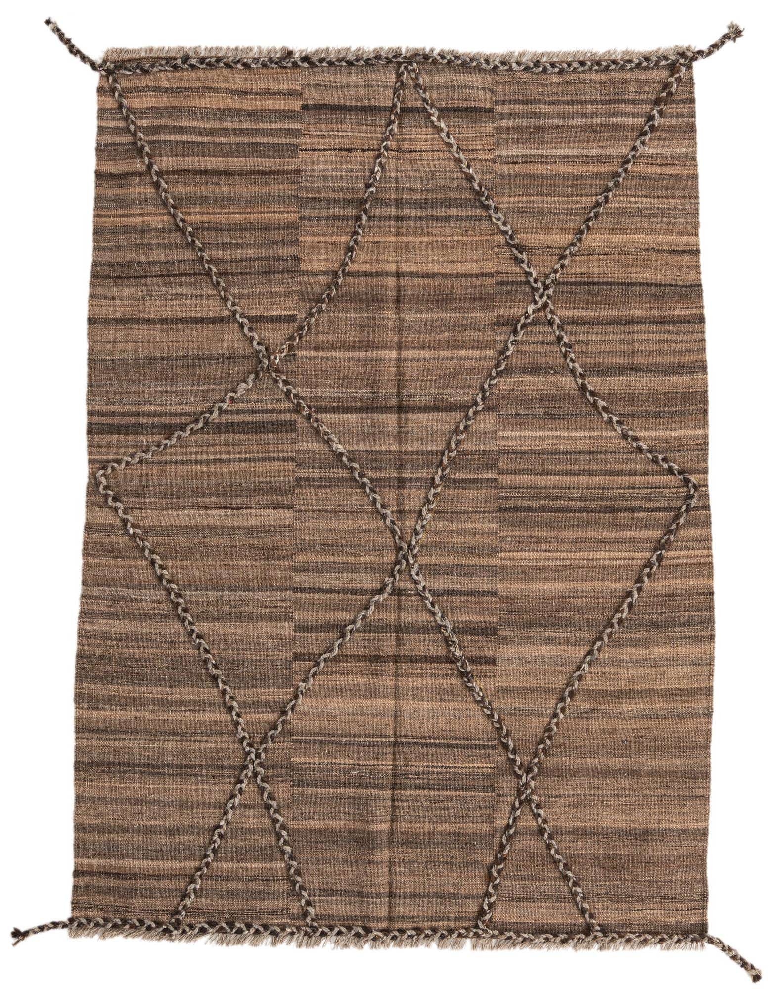 A 4x6 rectangular brown and tan flatweave wool rug with a tribal diamond pattern made of braided accents.
