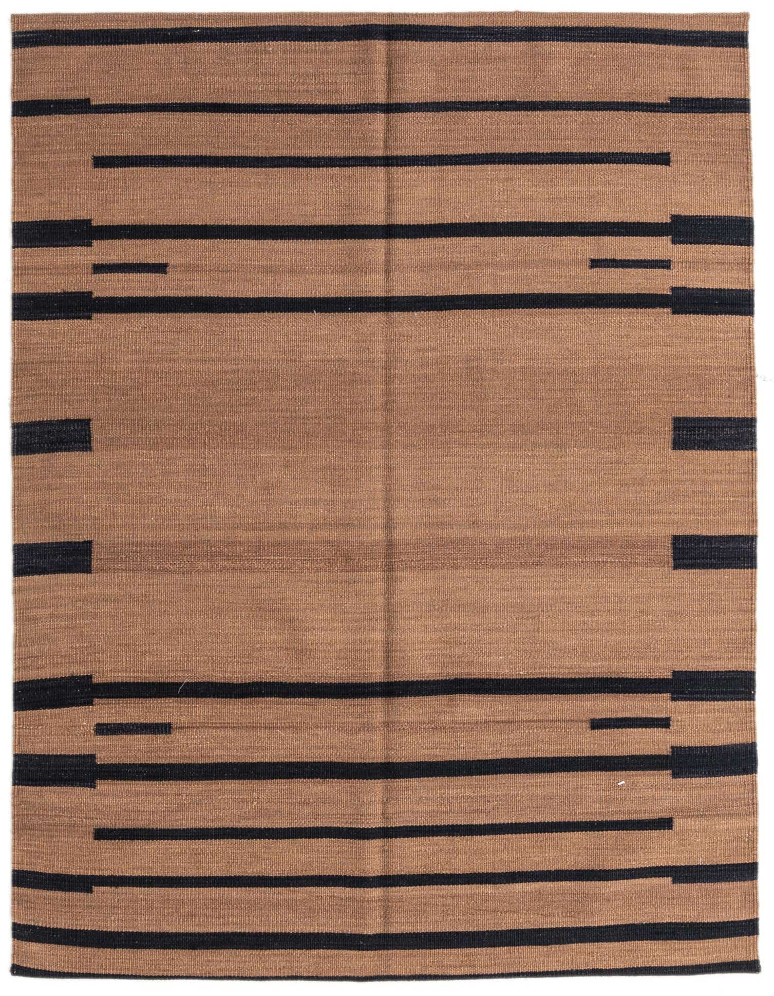 A 4x6 rectangular brown flatweave wool rug with a modern tribal pattern of black horizontal stripes and dashes.