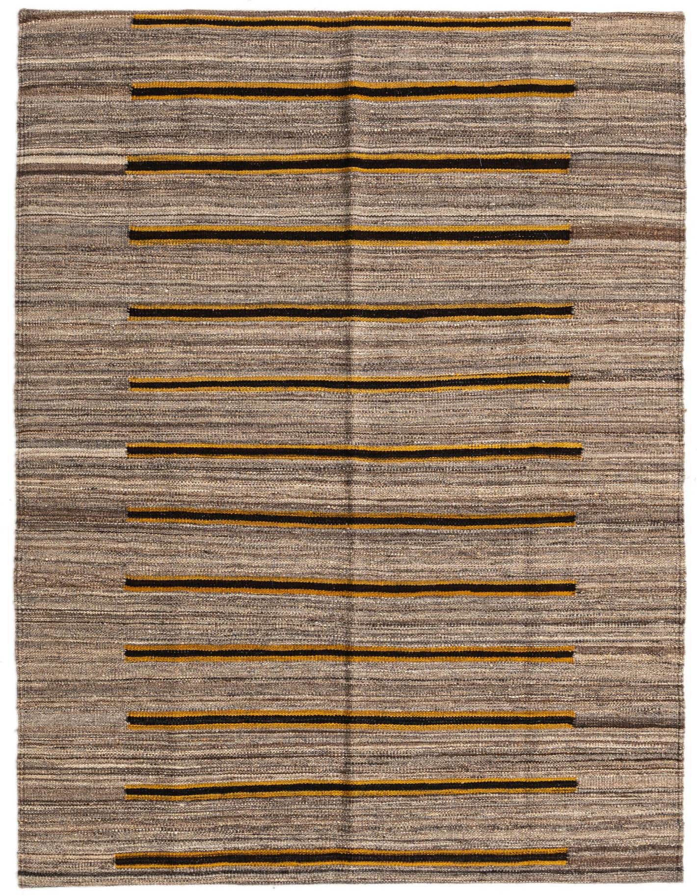 A 4x6 rectangular brown and tan wool flatweave rug with horizontal black and gold stripes, suitable for a living room.
