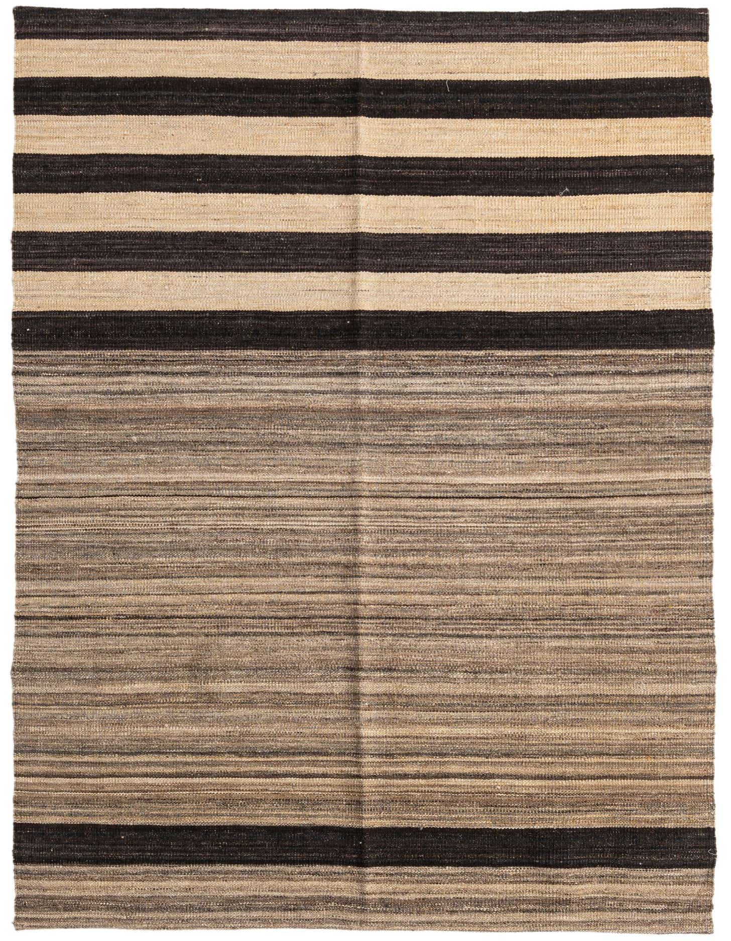 A 4x6 rectangular Kilim Modern wool rug featuring wide dark brown stripes over a tan background, with a lower section of thinner, varied brown and tan horizontal stripes, suitable for a living room.
