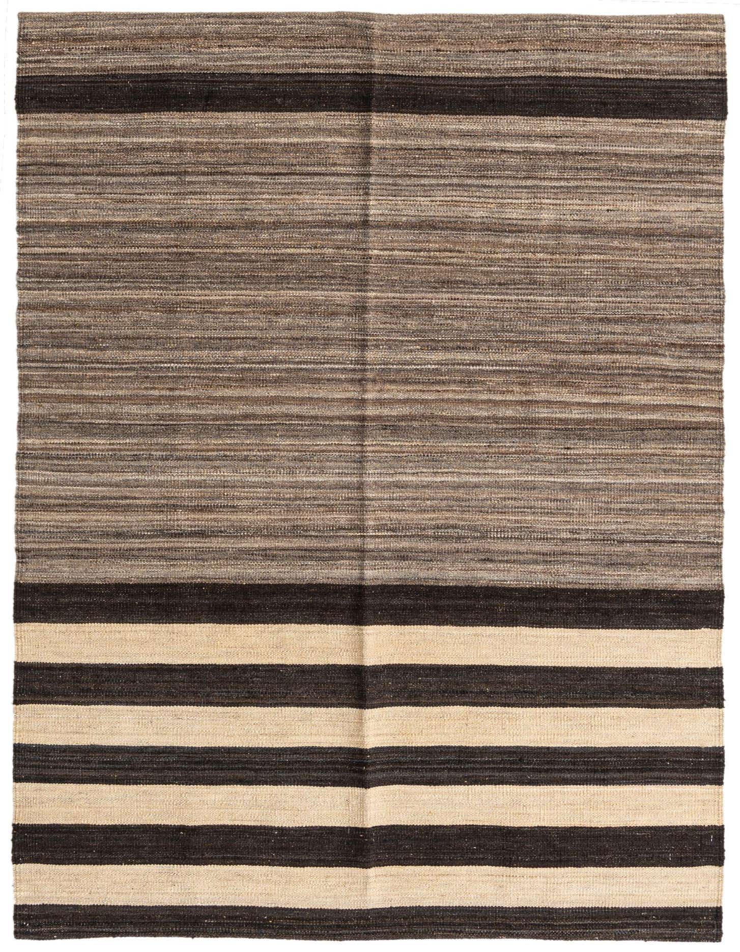 A 4x6 rectangular Kilim Modern wool rug featuring horizontal stripes in varying shades of brown, tan, and dark brown.