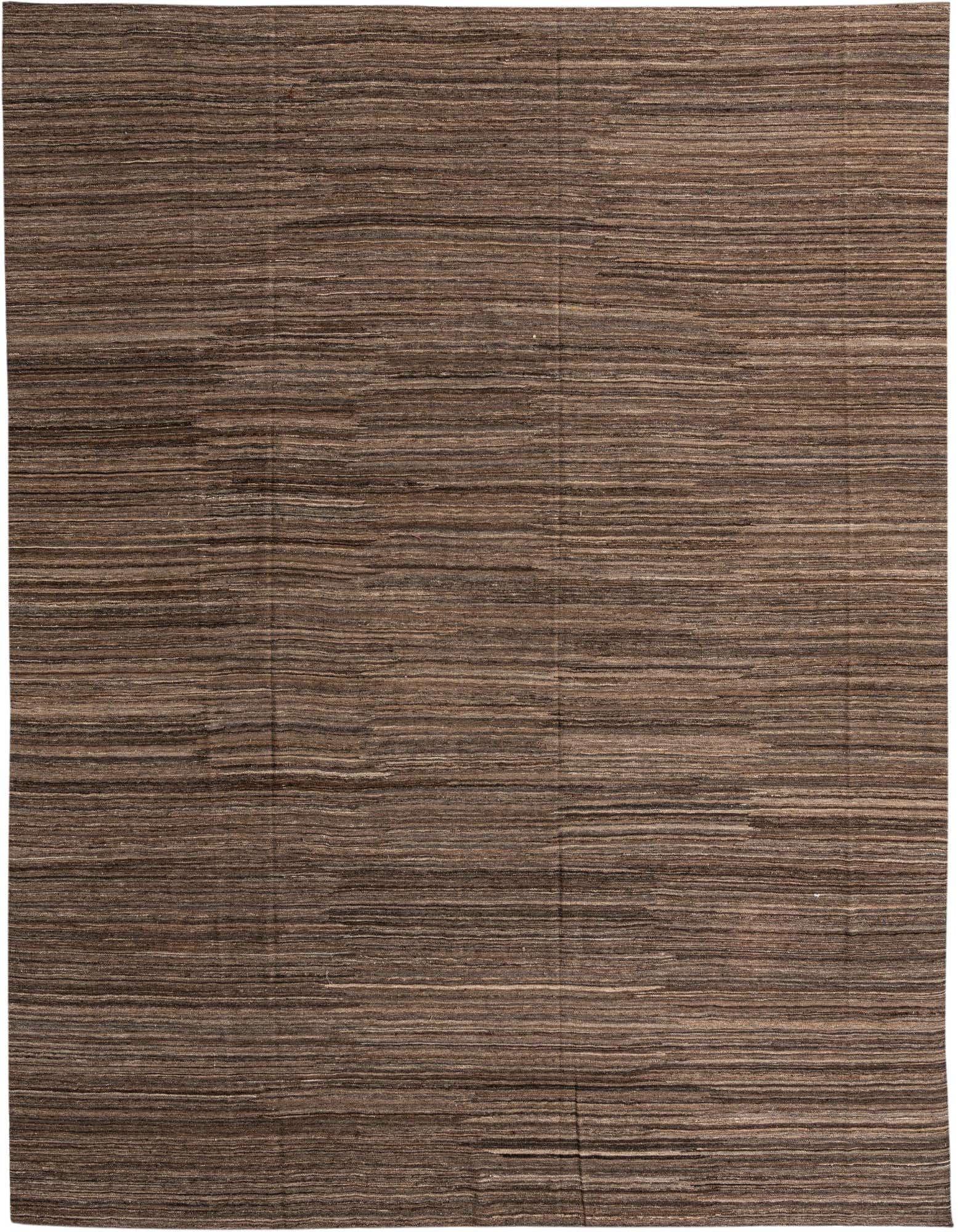 A large 12x15 rectangular Kilim Modern rug in varying shades of brown and tan, featuring a flatweave striped pattern.