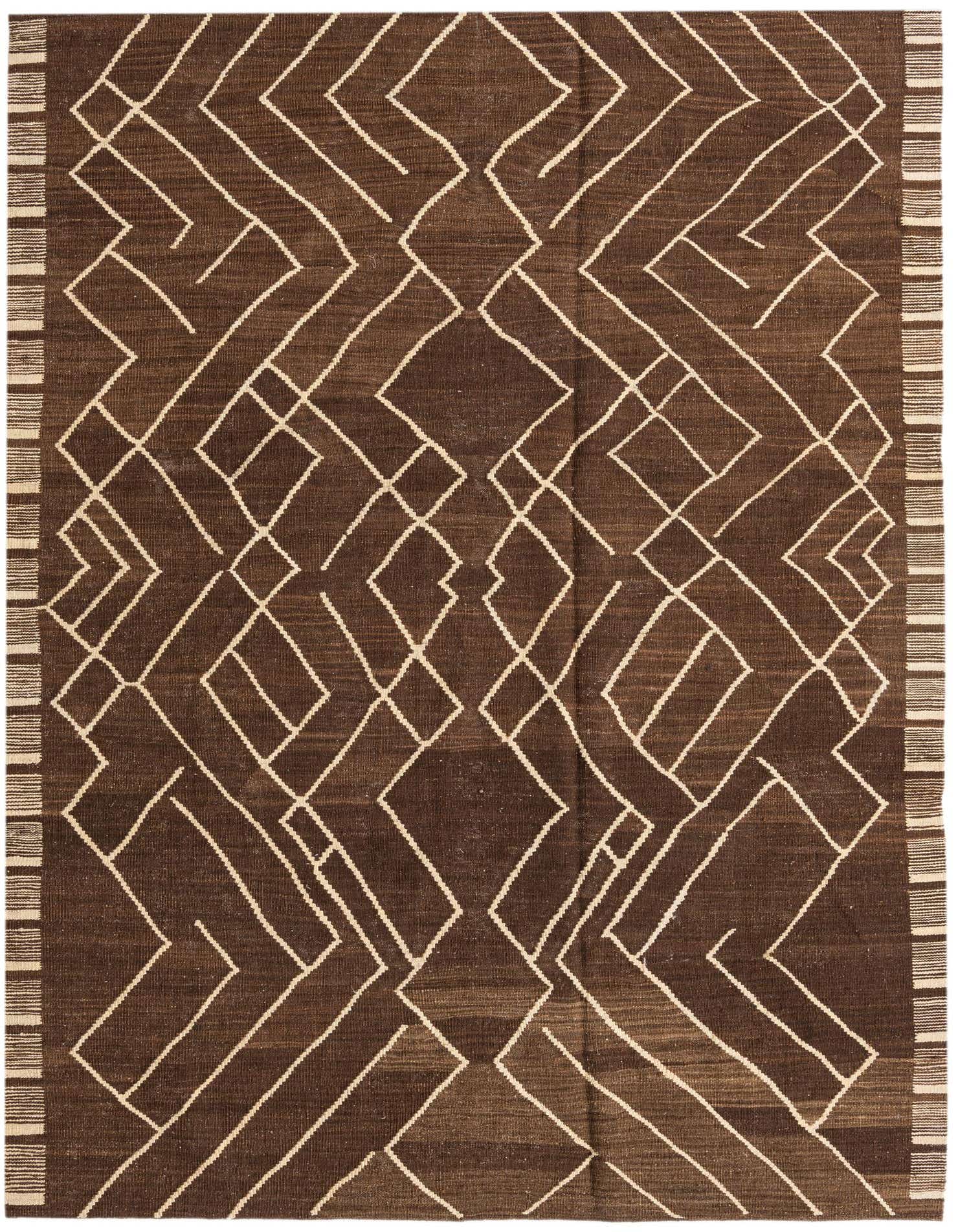 A 6x9 rectangular brown and tan wool flatweave rug with a modern tribal geometric pattern and striped borders.