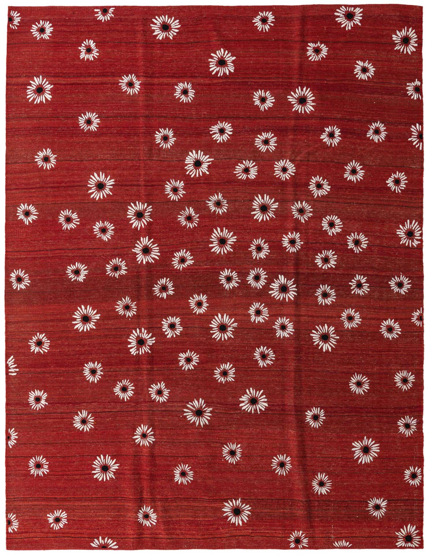 A 7x10 rectangular flatweave rug in a rich brown hue with scattered white and black tribal flower patterns.