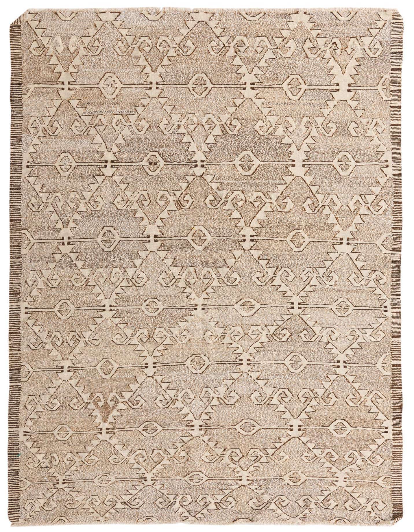 A 6x9 rectangular Kilim Modern wool rug featuring a tribal geometric pattern in varying shades of brown and tan.