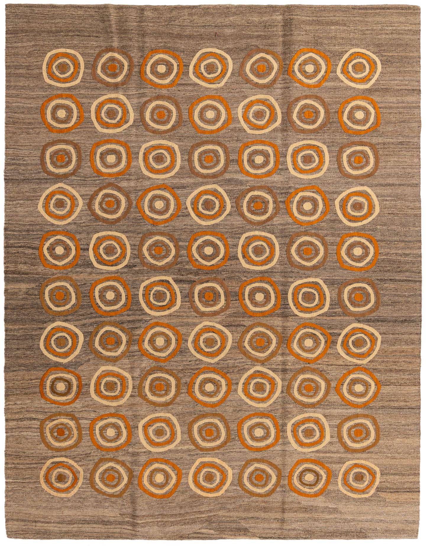 7x10 rectangular flatweave rug with a brown and tan background featuring a repeating pattern of concentric circles in orange, brown, and cream.