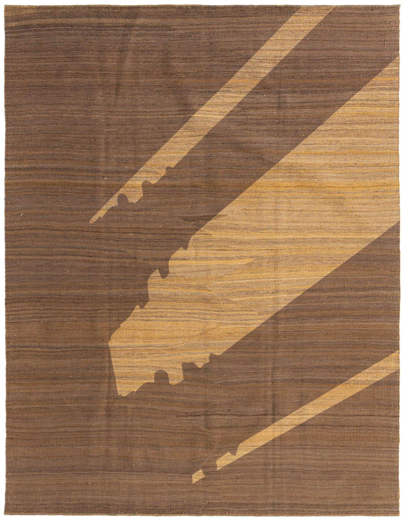 A 6x9 rectangular Kilim Modern wool rug featuring an abstract tribal pattern in varying shades of brown and tan.