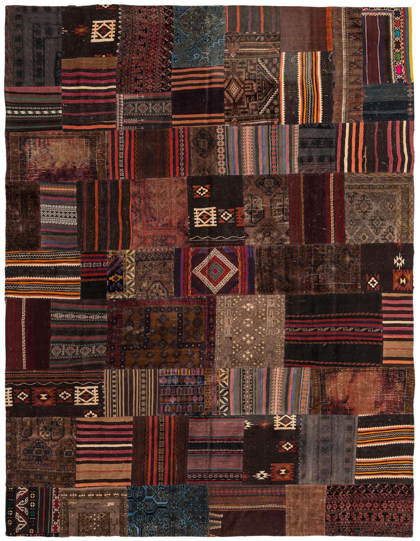 A 9x12 rectangular Kilim Patchwork rug featuring a mosaic of brown and tan wool patches with tribal and abstract patterns.