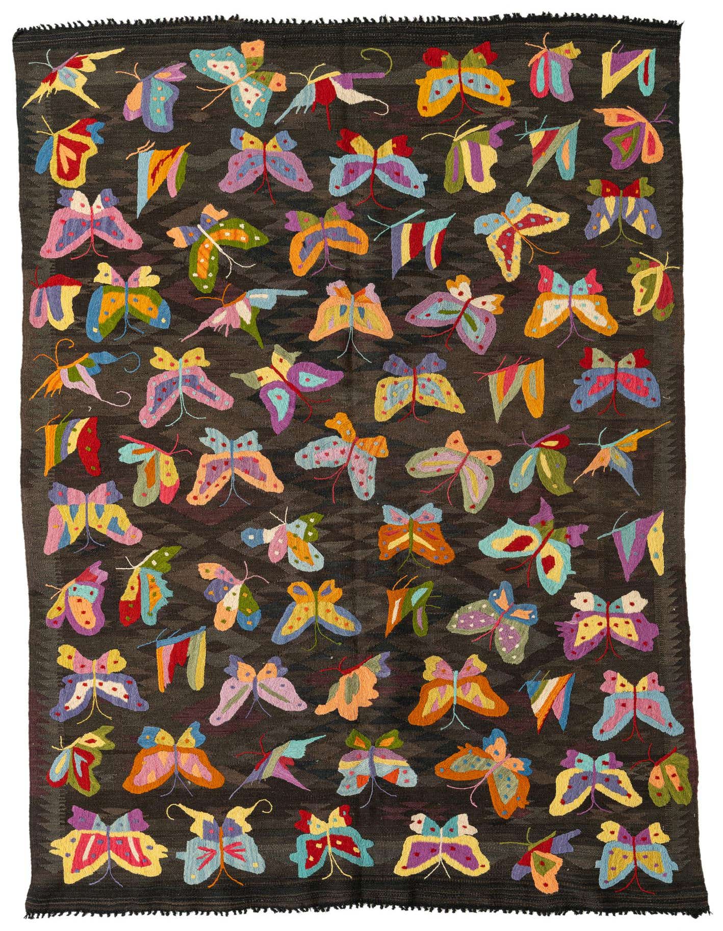 A 5x8 rectangular brown Kilim Suzani rug with a vibrant, colorful butterfly pattern, handmade from wool.