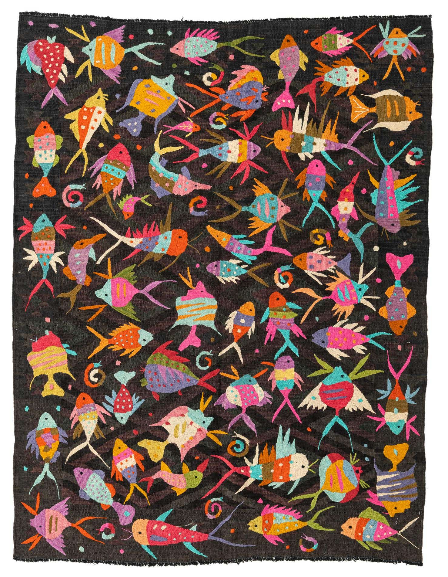 A 4x6 rectangular brown flatweave wool rug featuring a vibrant, multicolored fish pattern in a tribal style.
