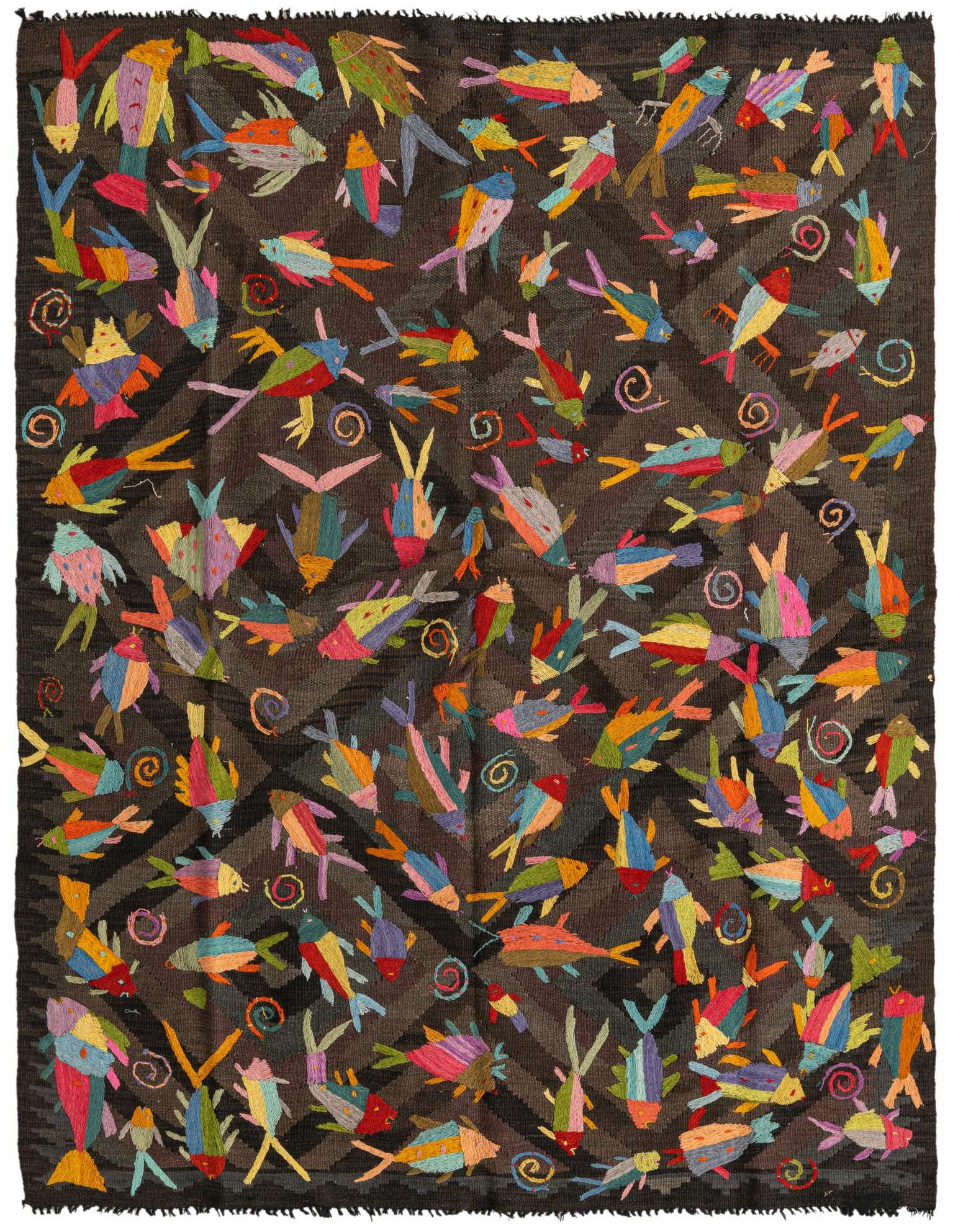 A 4x6 rectangular brown wool rug with a vibrant, abstract pattern of colorful fish and swirl motifs.