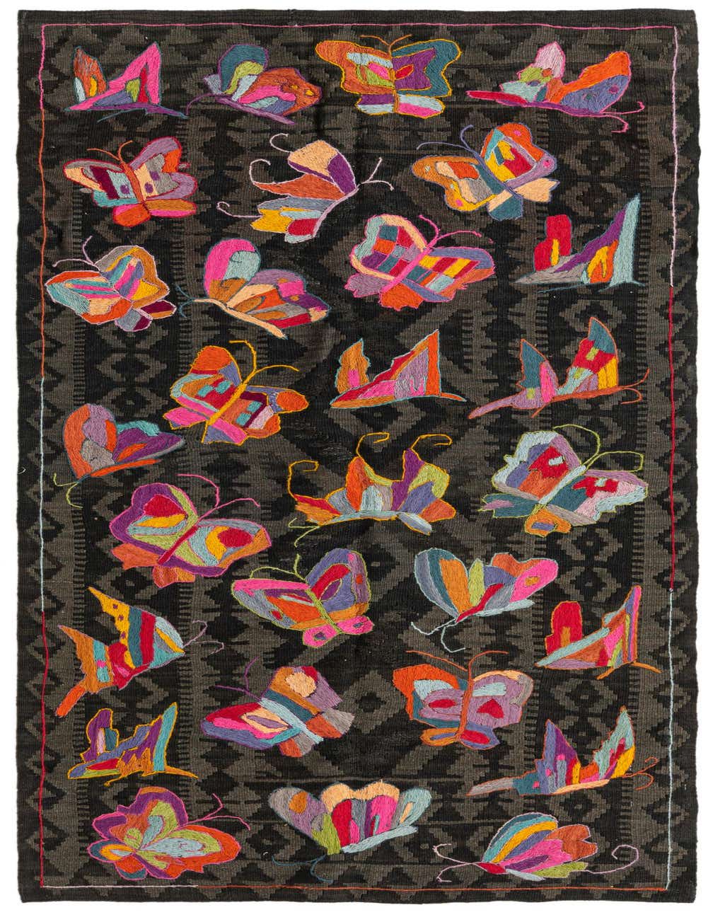 A 3x5 rectangular Kilim Suzani wool rug featuring a dark brown tribal pattern background with vibrant, colorful embroidered butterflies.