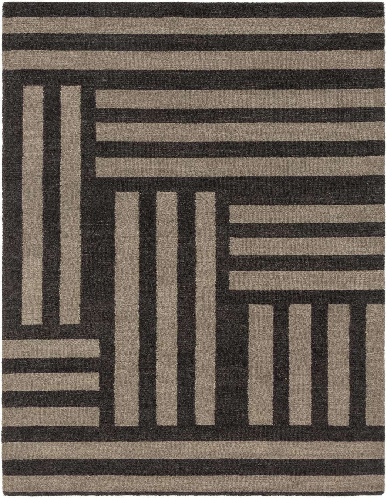 A 5x8 rectangular Luna Collection rug featuring a bold geometric stripe pattern in varying shades of brown and tan.