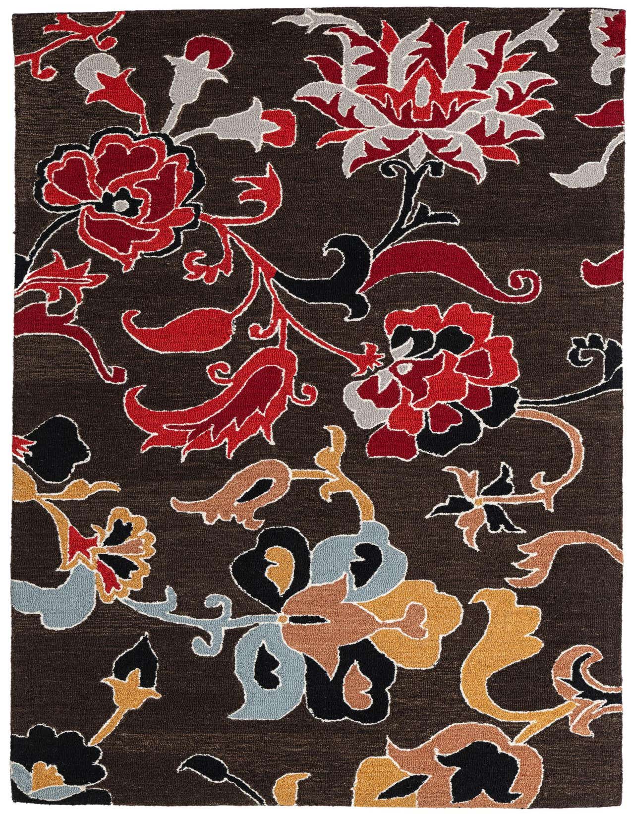 A 5x8 rectangular Luna rug with a modern floral pattern in red, black, grey, and blue on a brown background.