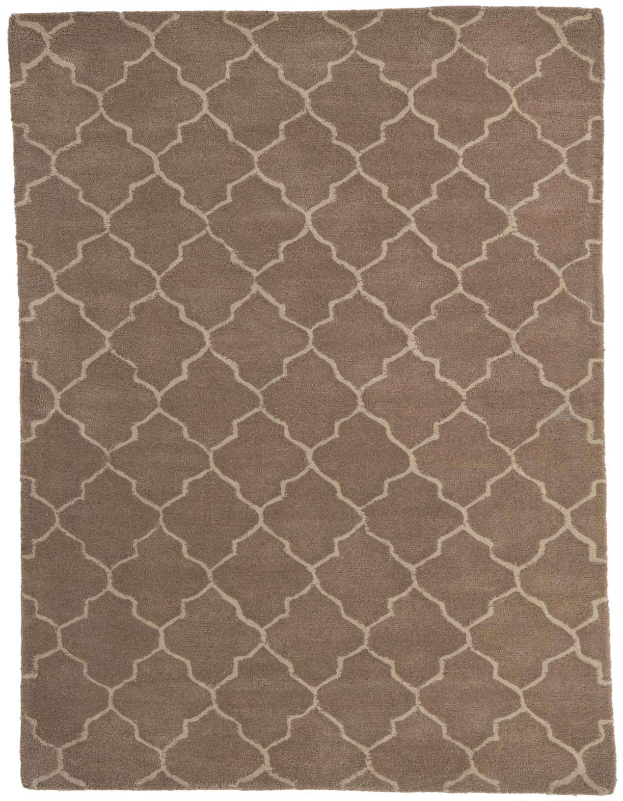 A 5x8 rectangular Luna Collection rug with a high pile, featuring a modern abstract trellis pattern in varying shades of brown and tan.
