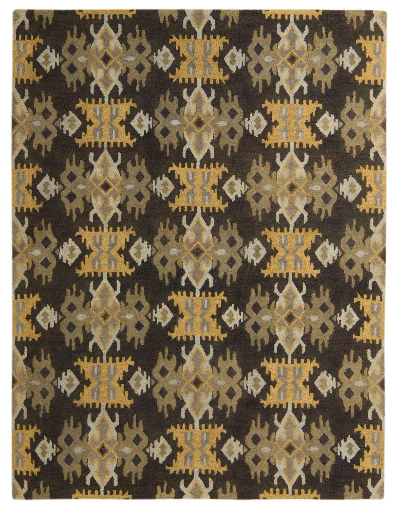 A rectangular 8x10 Luna Collection rug with a modern abstract pattern in brown, tan, and gold tones.