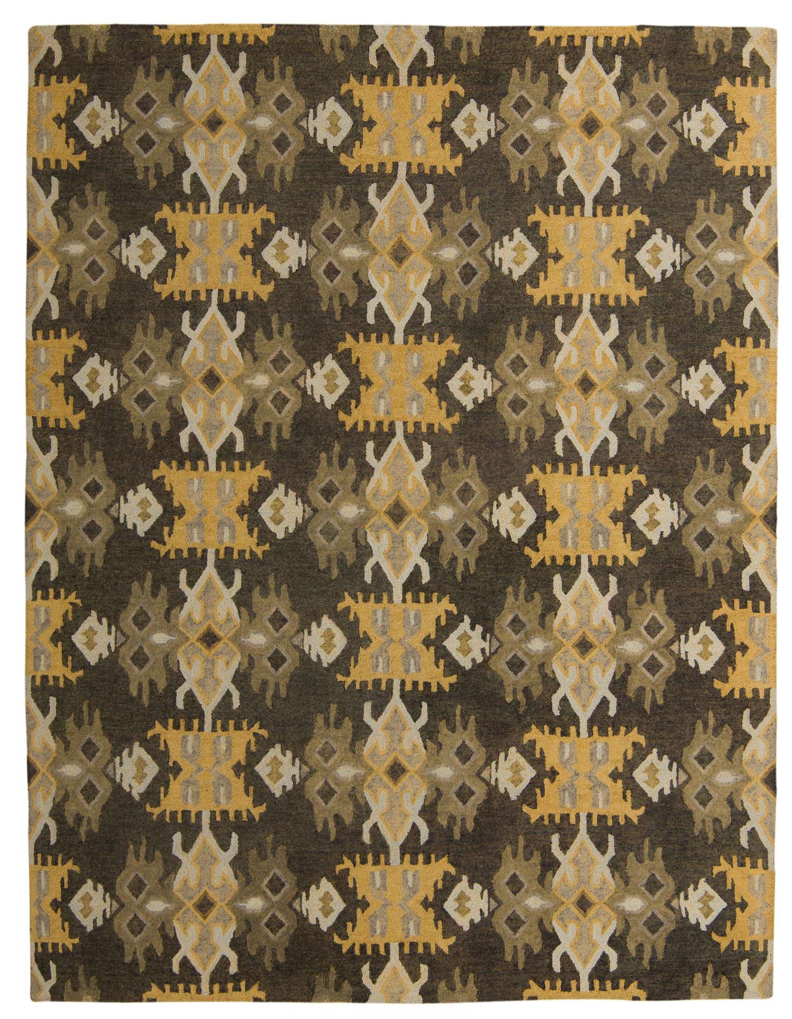 A rectangular 8x10 Luna Collection rug with a modern abstract pattern in shades of brown, tan, and gold, suitable for a living room.