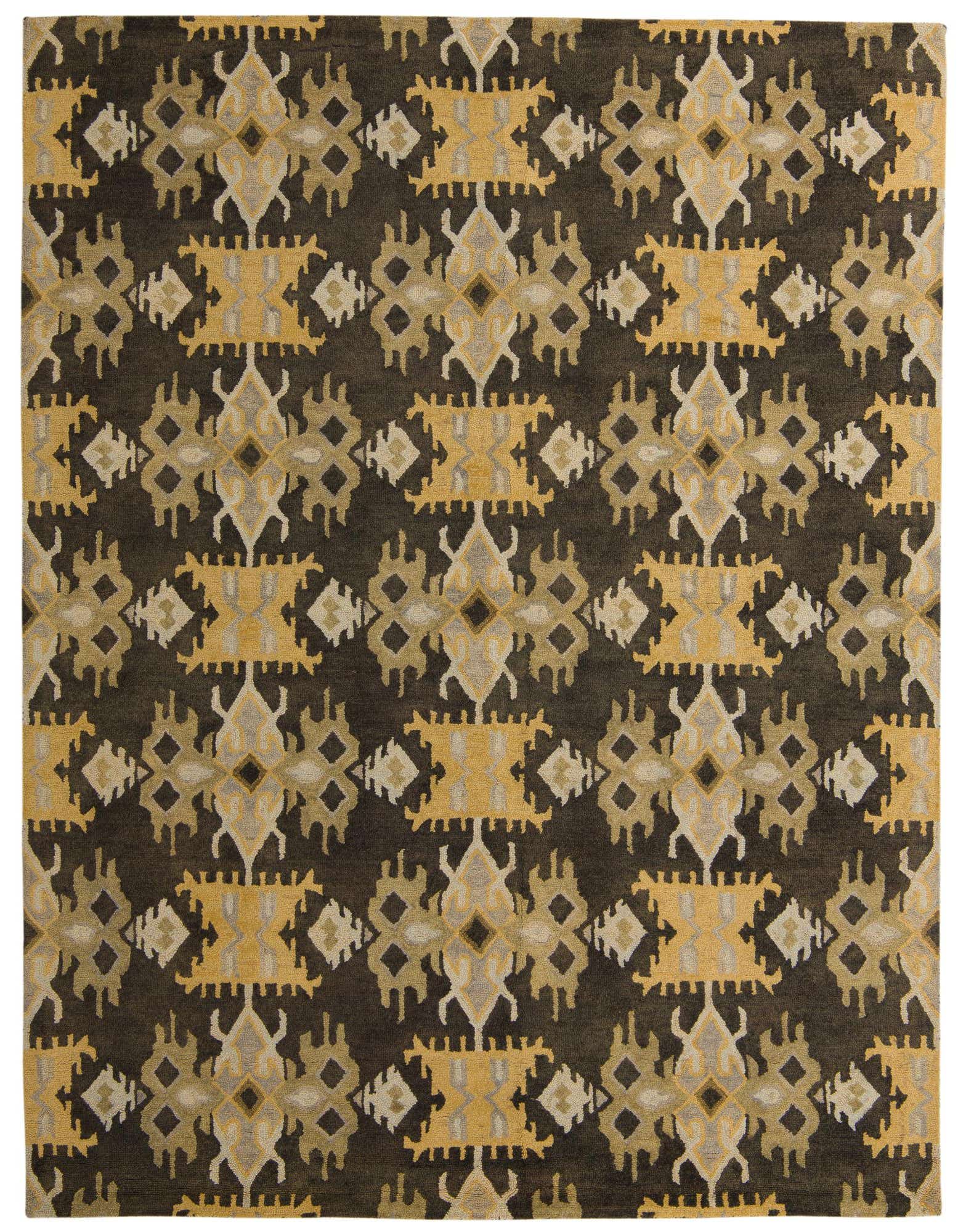 A rectangular 8x10 Luna Collection rug with a modern abstract pattern in shades of brown, tan, and gold.