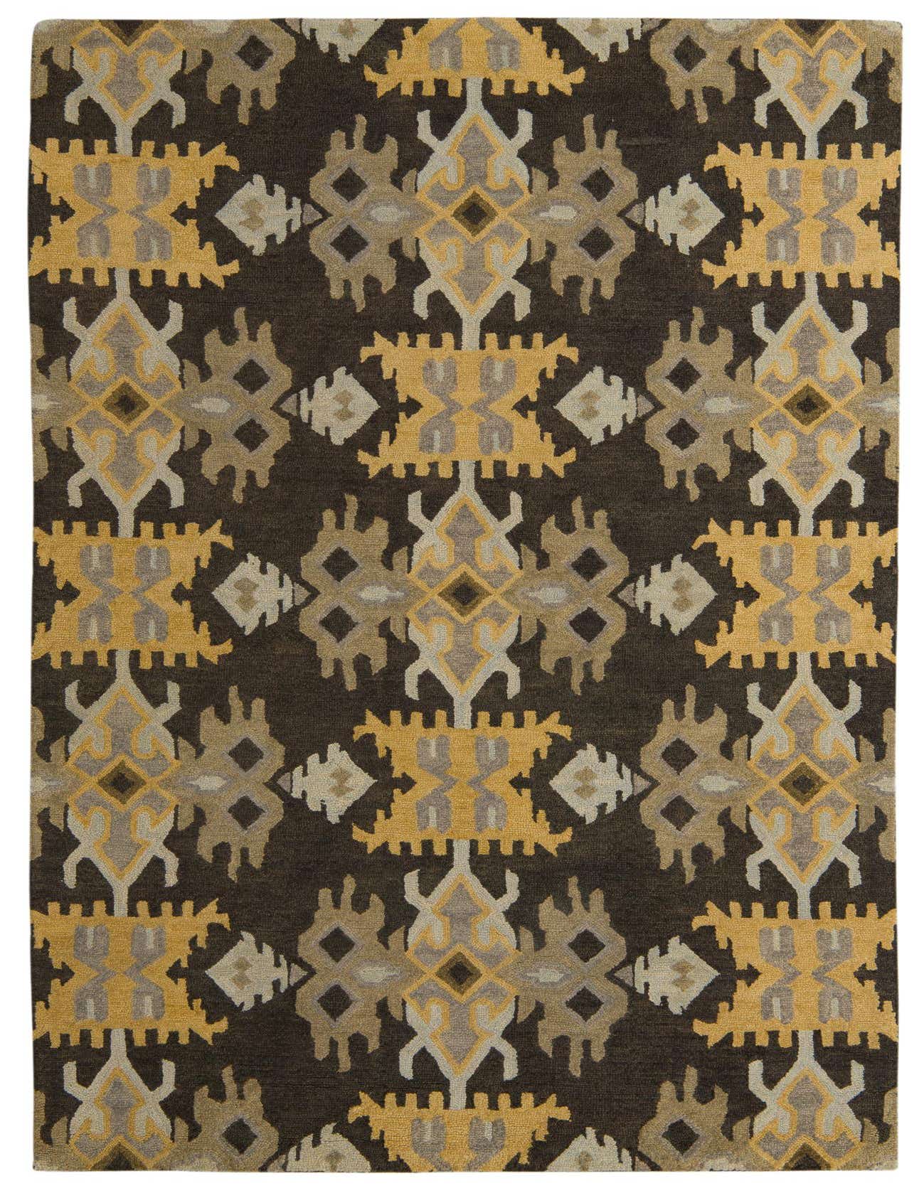 A 5x8 rectangular Luna rug with a modern abstract pattern in shades of brown, tan, and gold.