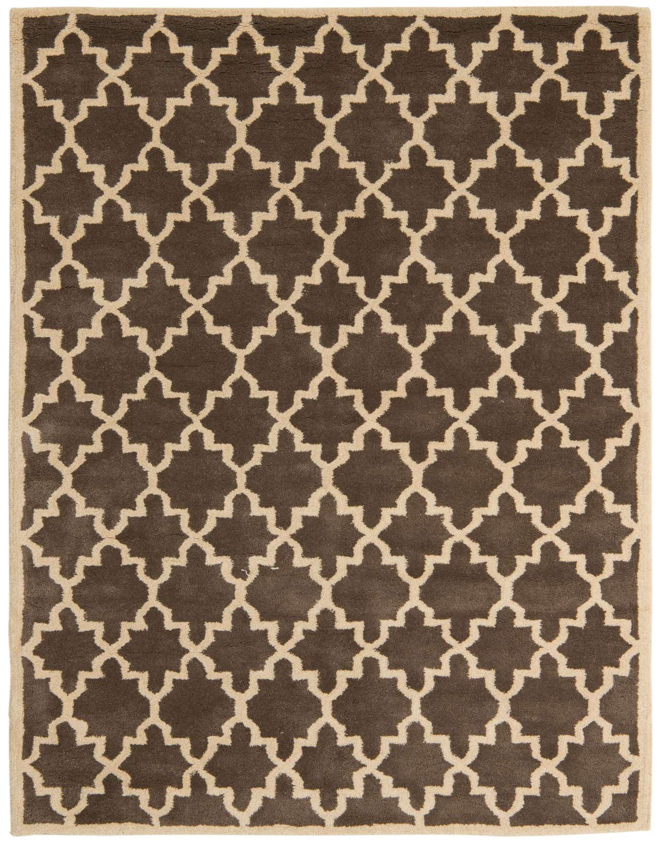 A 5x8 rectangular Luna rug in brown and tan, featuring a modern geometric trellis pattern, suitable for a living room.