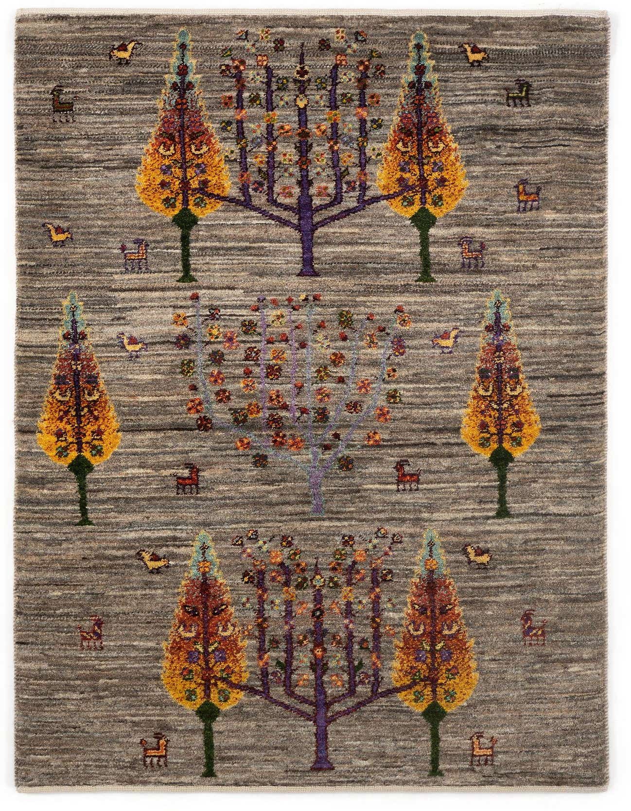 A 3x4 rectangular Luribaft Persian wool rug with a brown and tan background, featuring colorful stylized trees and small animal motifs.