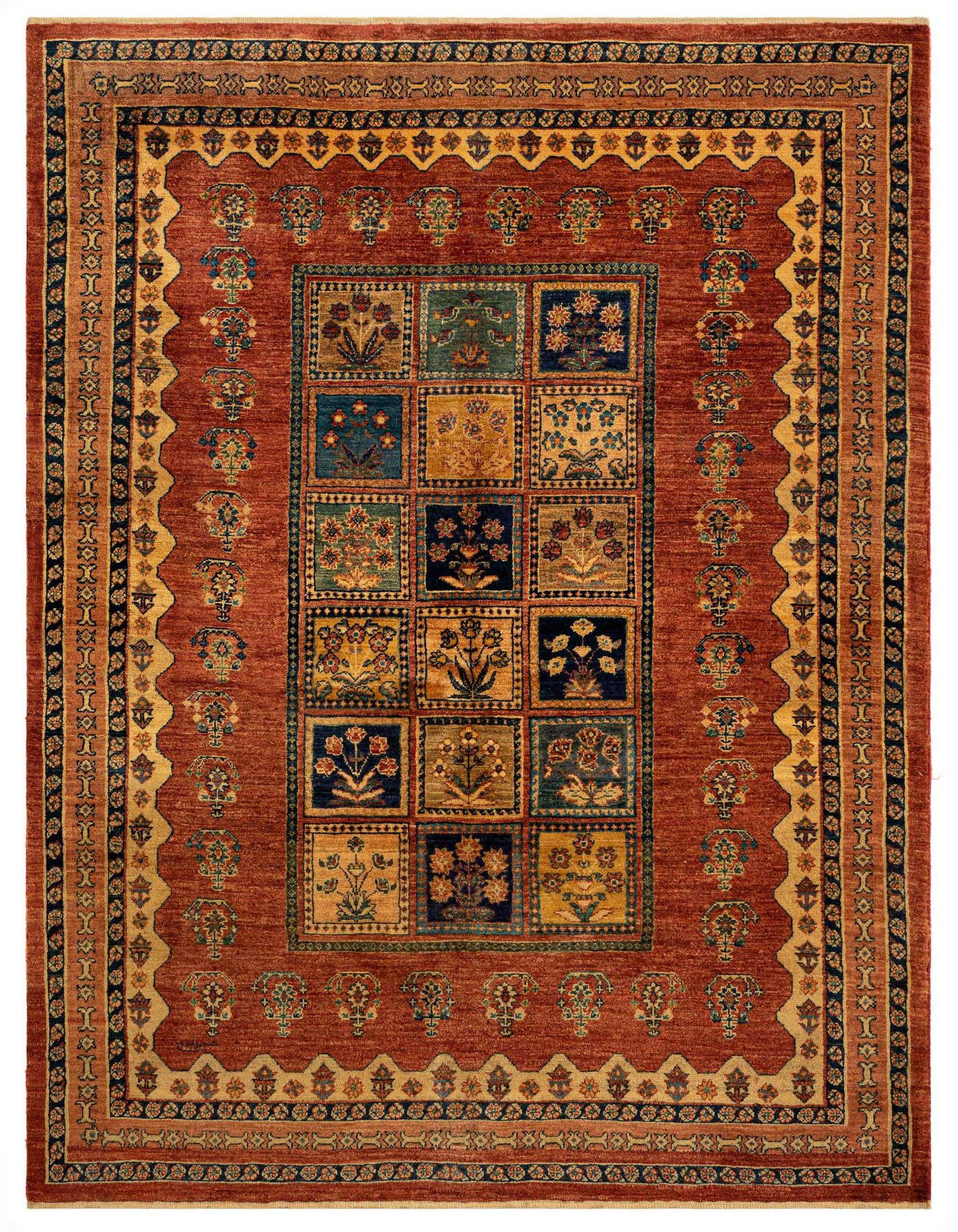 A 5x8 rectangular Luribaft Persian wool rug featuring a rich brown field with a central grid of multicolored floral squares and an intricate border.