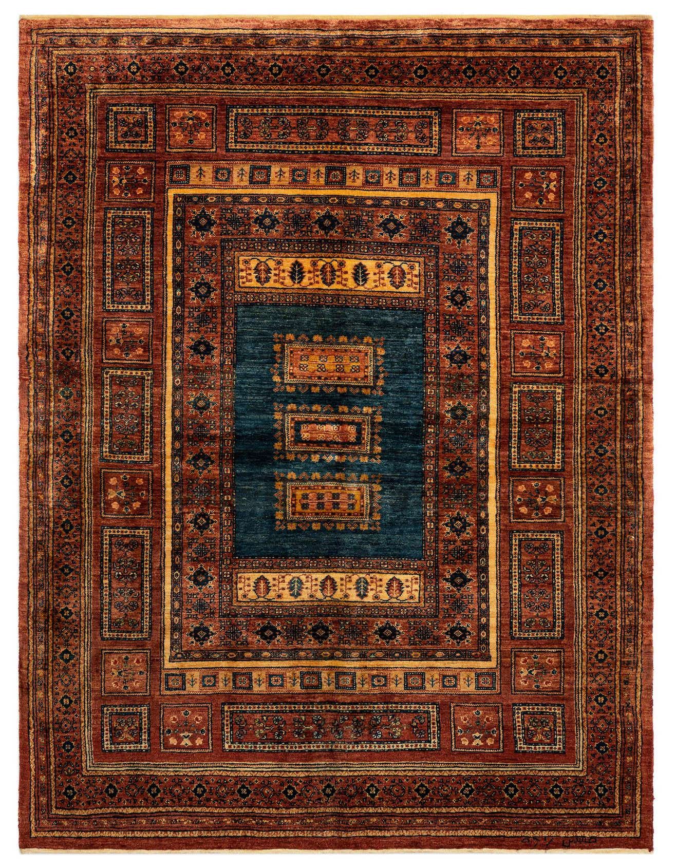 A rectangular 5x8 Luribaft Persian rug featuring a central teal panel with intricate gold and brown patterns, surrounded by a wide border of rich browns and tans with detailed traditional motifs.