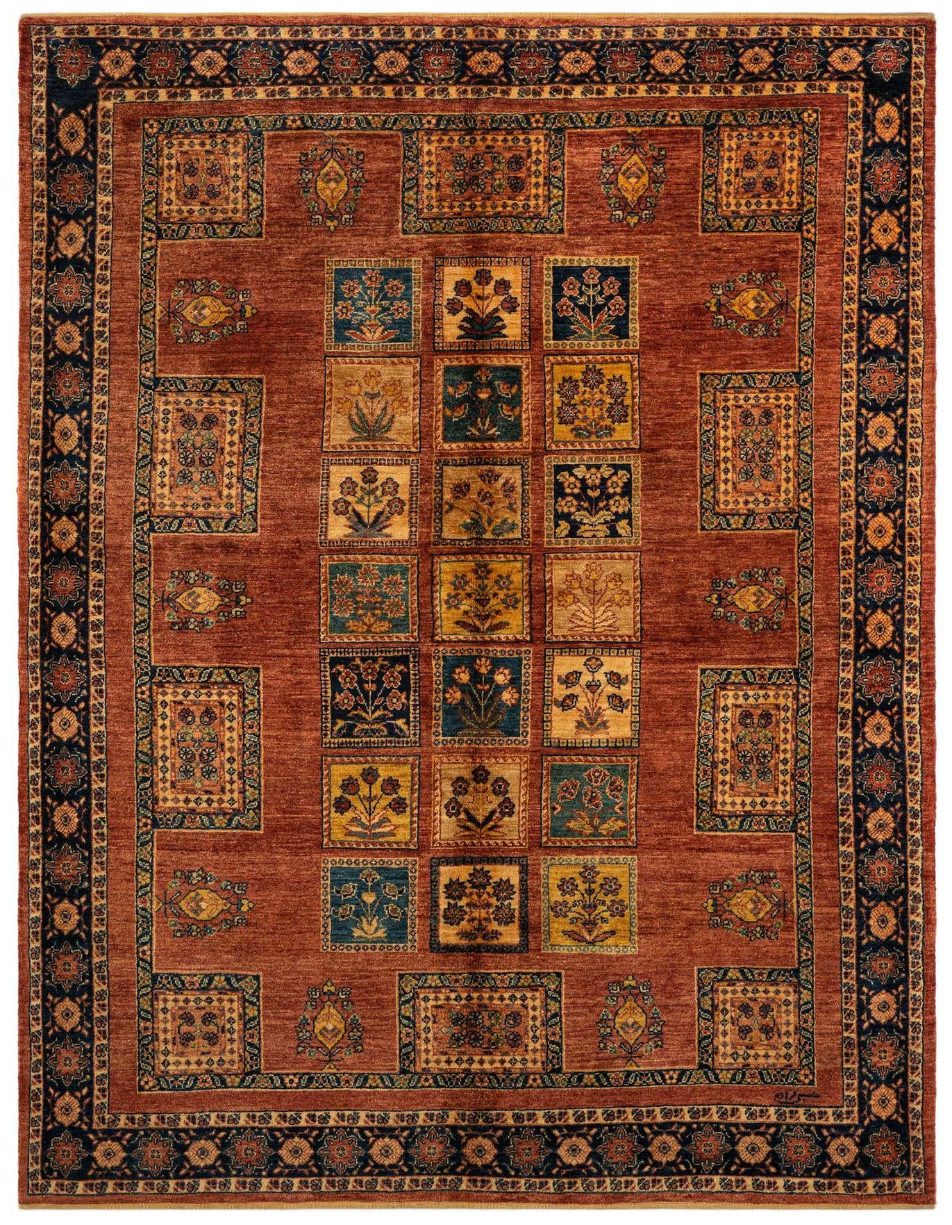 A 5x8 rectangular Luribaft Persian rug with a brown field, featuring a grid of colorful floral medallions and a detailed navy border.
