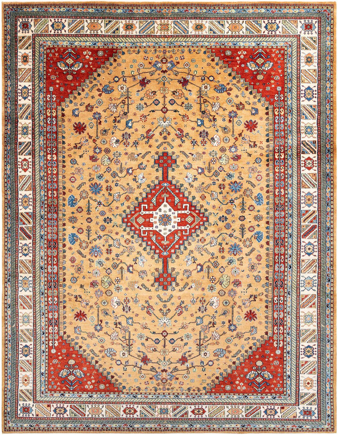 A rectangular handmade Persian rug with a tan and brown field, featuring a central medallion and intricate floral motifs, bordered by red and blue patterns.