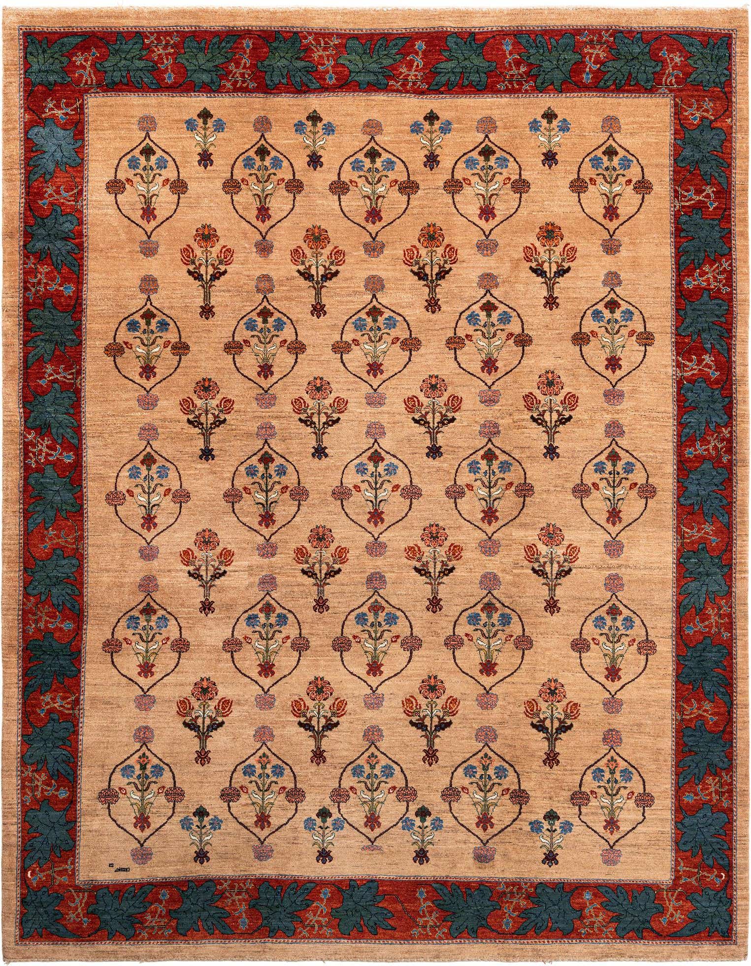 A rectangular, handmade Luribaft Persian rug featuring a tan field with repeating floral motifs in blue, red, and orange, framed by a red border with large teal leaves.