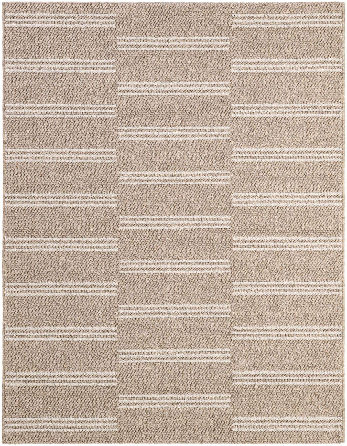 A 5x7 rectangular indoor rug with a modern stripe pattern in varying shades of brown and tan.