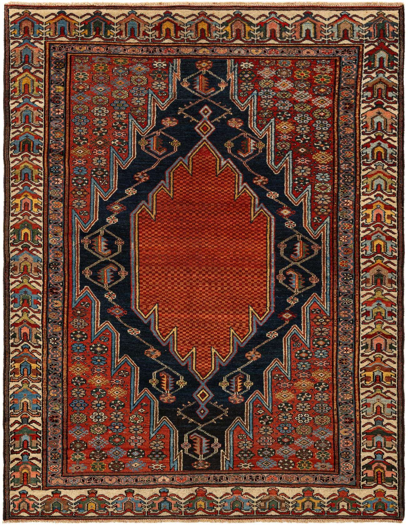 A 4x6 rectangular Malayer tribal wool rug with a central rust-red medallion on a dark blue field, surrounded by intricate floral and geometric patterns in shades of brown, tan, blue, and red, with a multi-colored border.