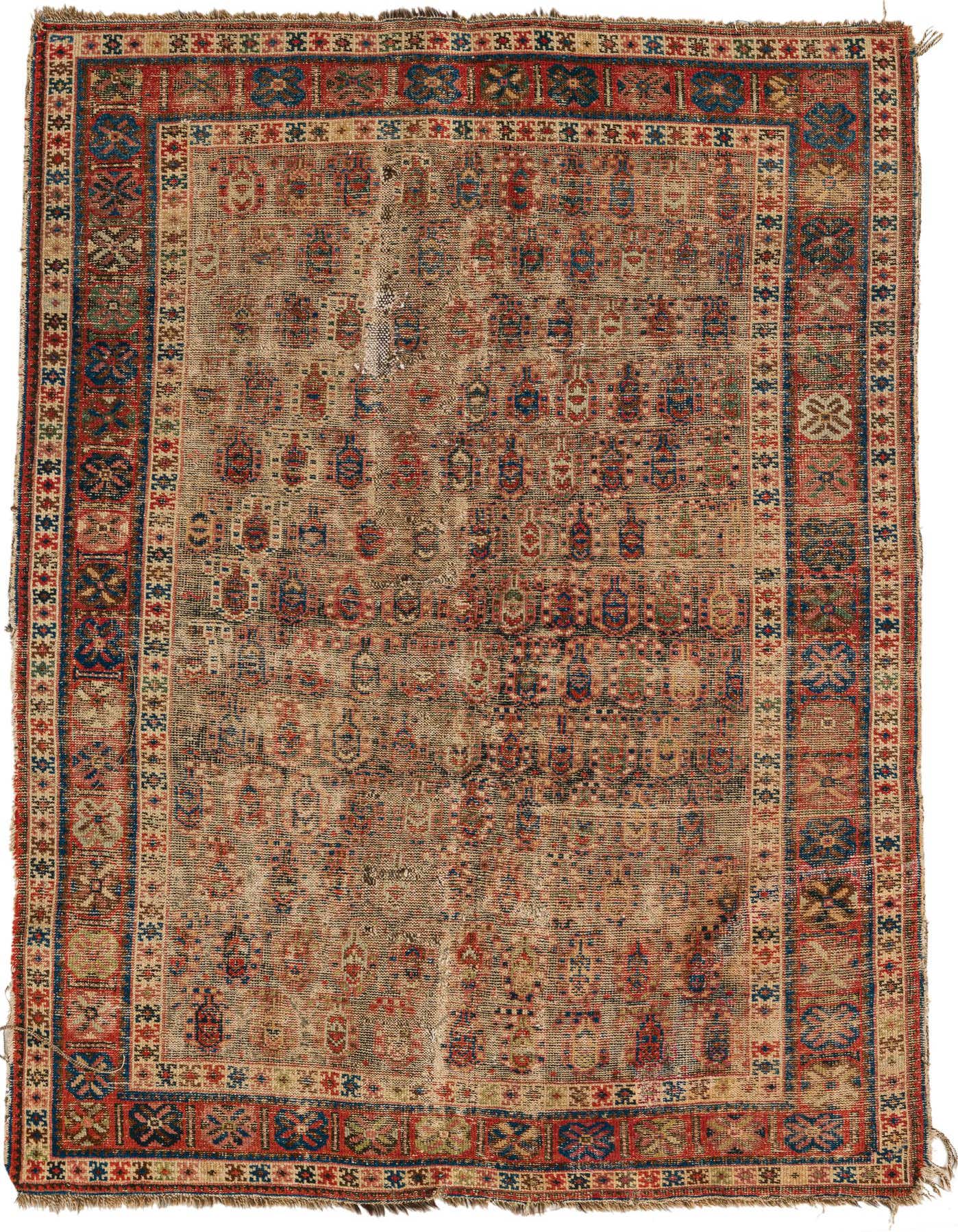 A 4x6 rectangular Malayer Persian rug with a tribal pattern in browns, tans, reds, and blues.