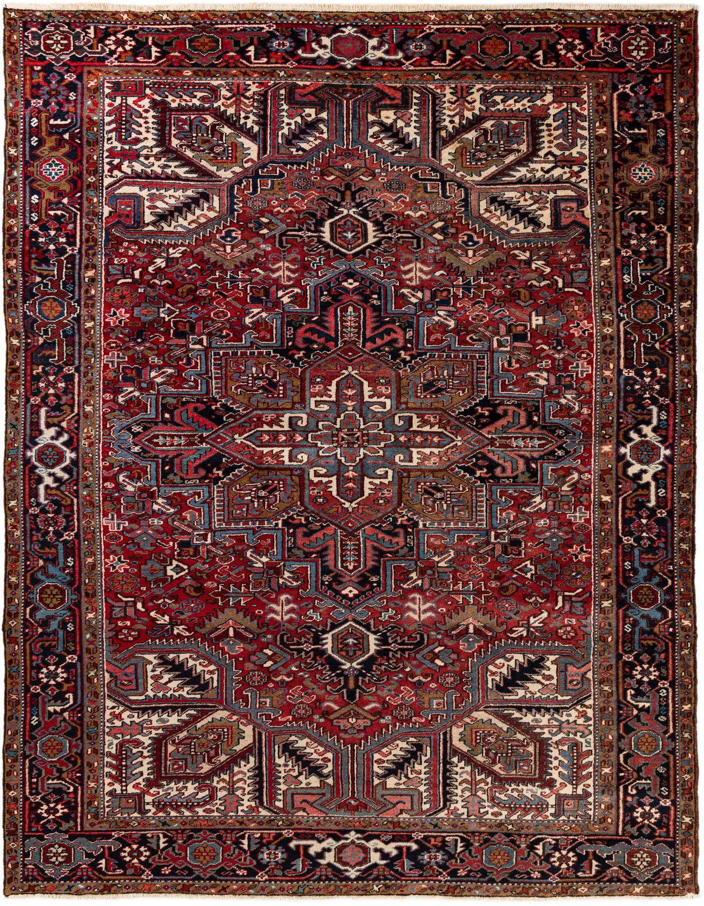 A rectangular 8x11 Mehraban rug with a traditional Persian medallion pattern in rich browns, tans, reds, and blues.