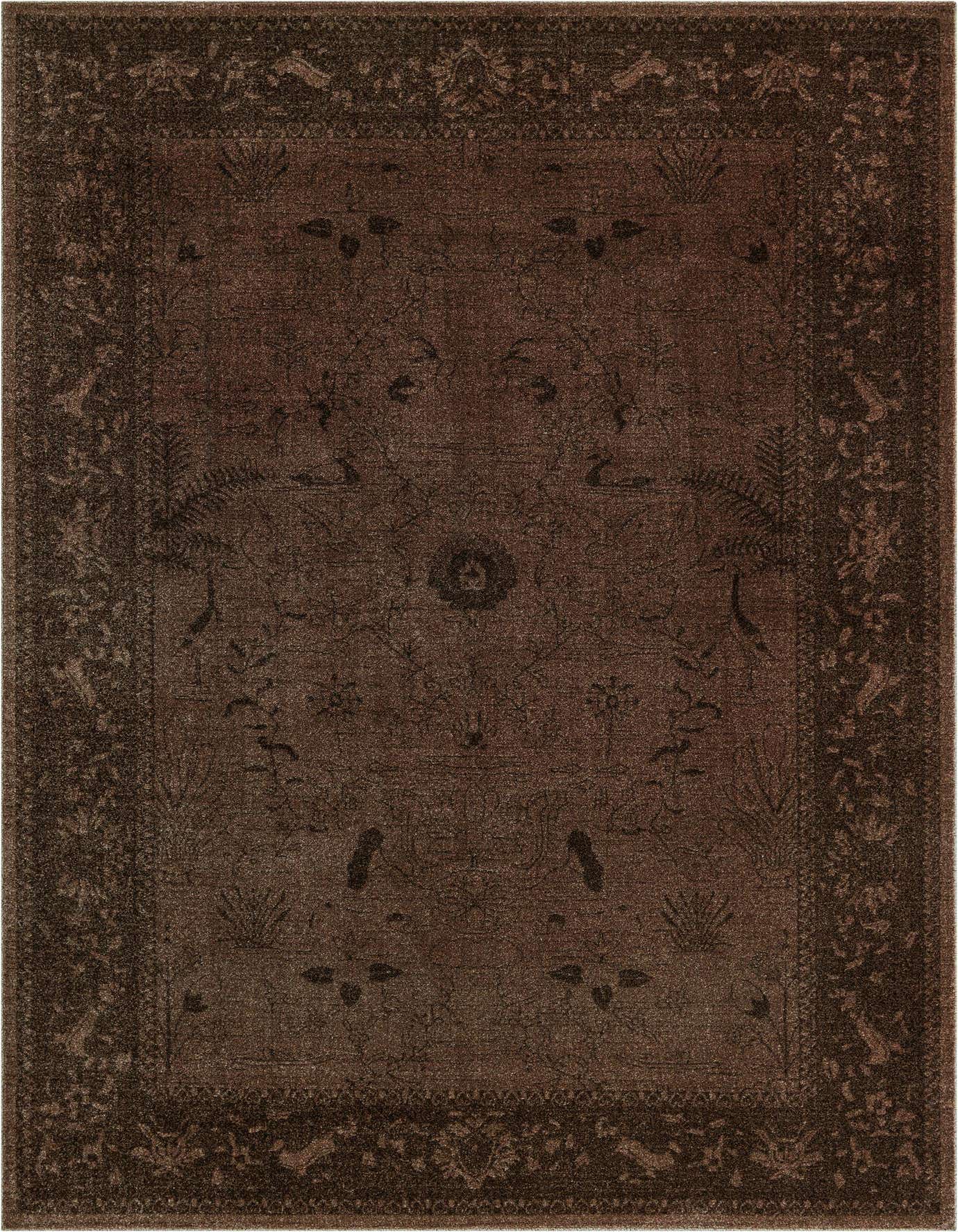 A 7x10 rectangular brown area rug with a subtle traditional botanical pattern and a darker border.