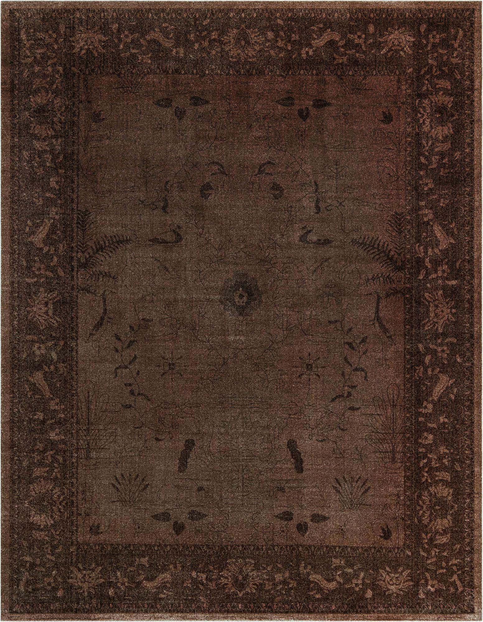 A 10x13 rectangular brown area rug with a subtle traditional floral and oriental pattern, featuring a darker border.