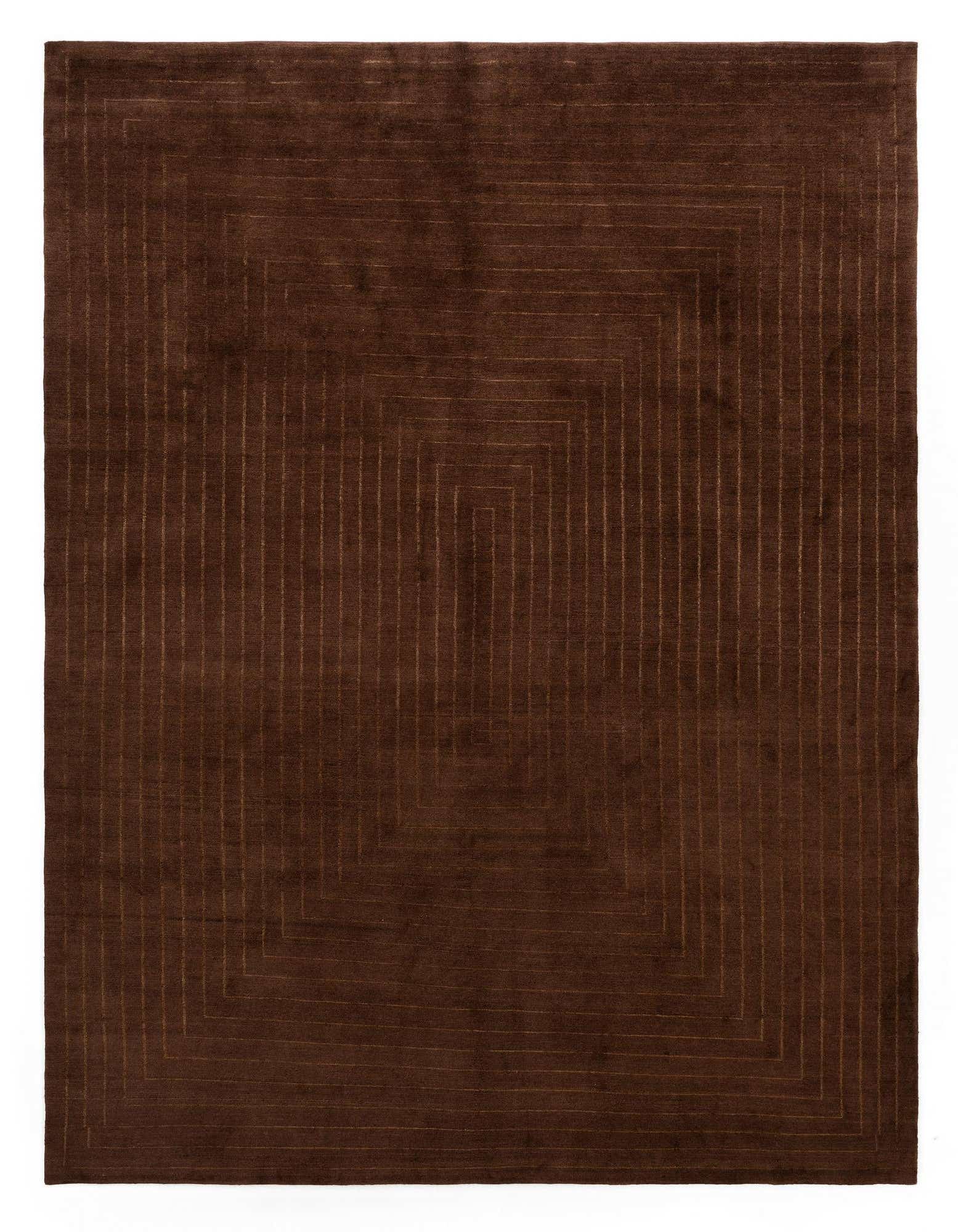 A rectangular 8x10 brown wool area rug featuring a subtle modern geometric square pattern, ideal for a living room.