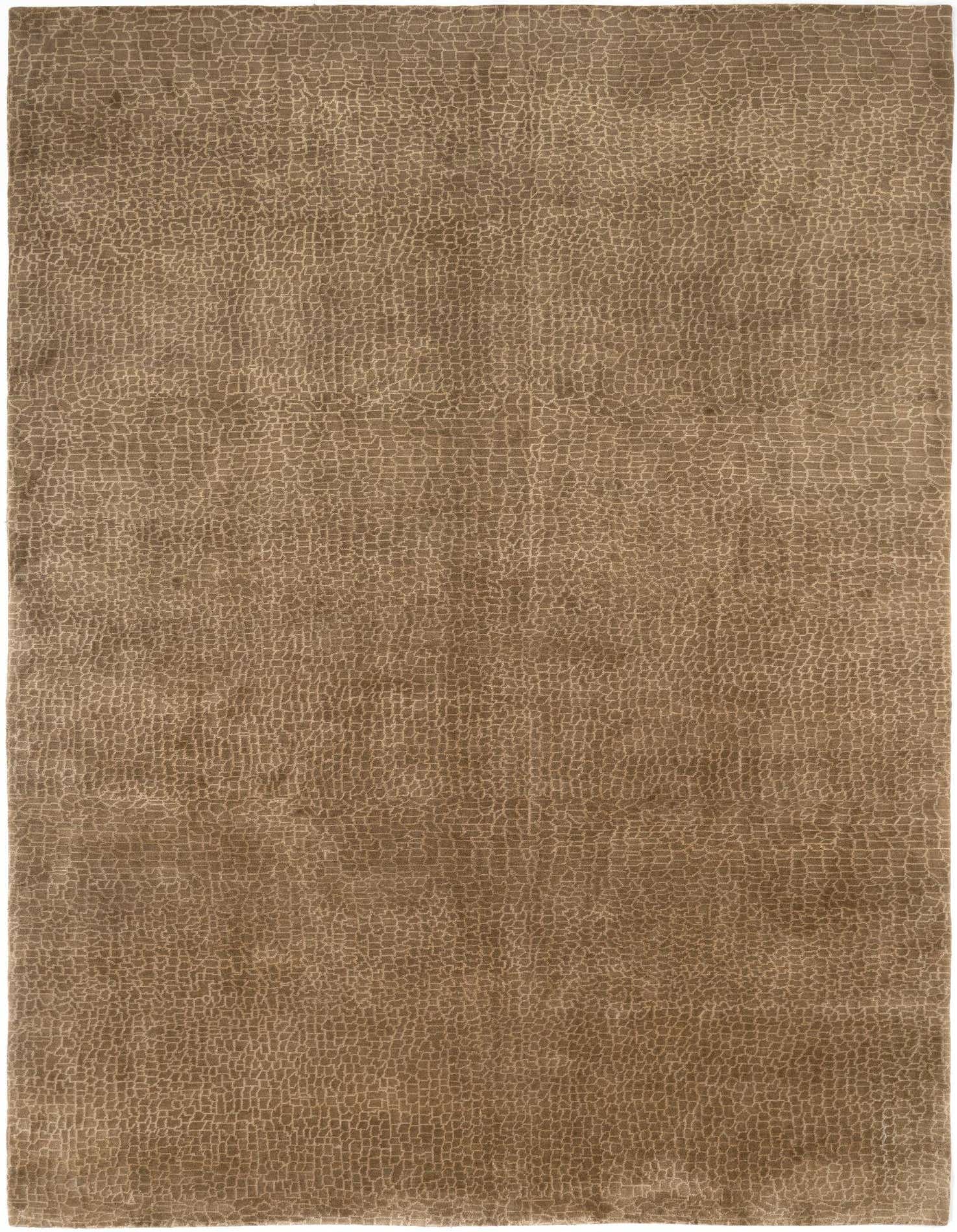 A 10x14 rectangular brown and tan wool area rug featuring a subtle, modern Persian-inspired pattern.