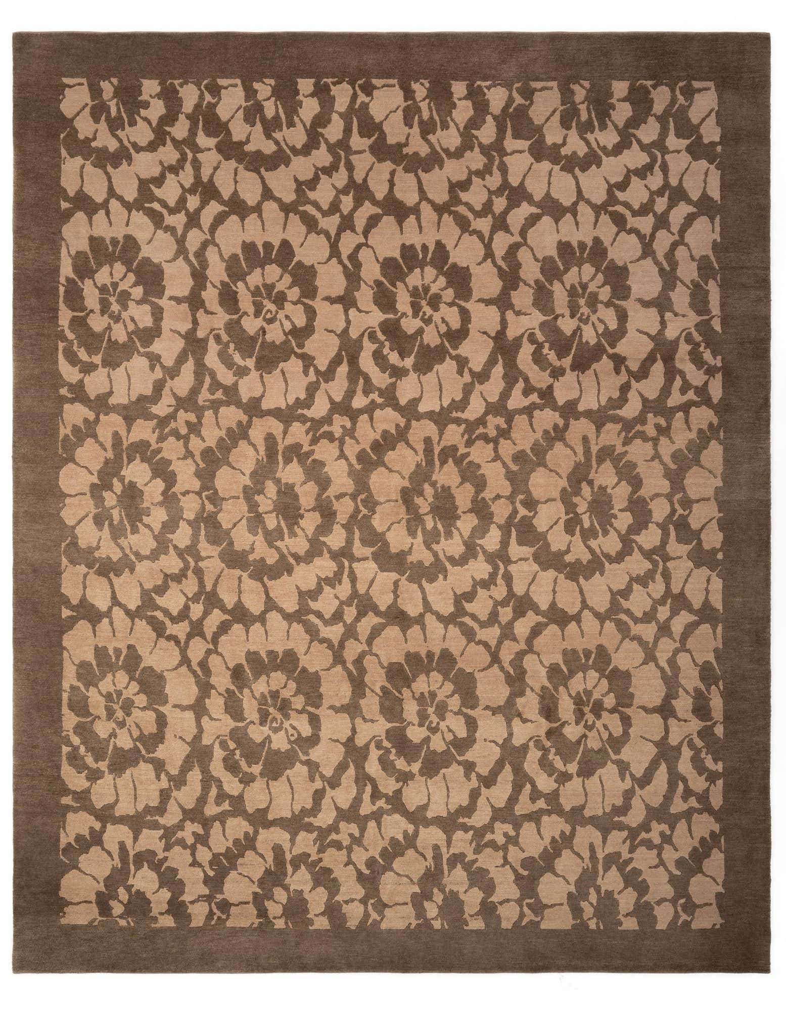 An 8x10 rectangular brown and tan wool rug with a modern Persian floral pattern and a solid brown border.