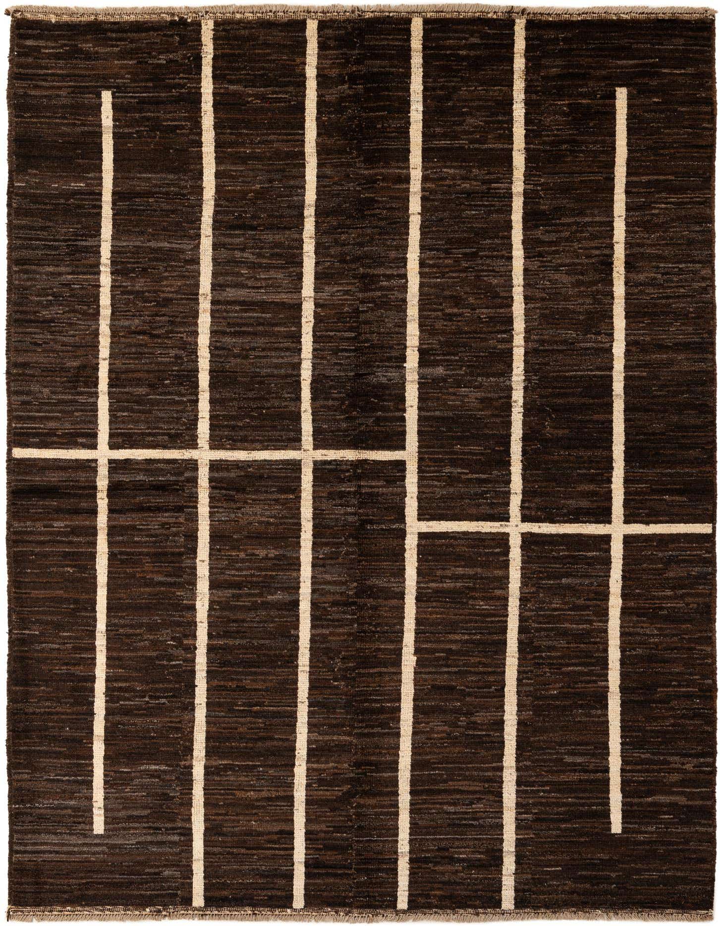 A 5x8 rectangular brown wool rug with a modern Oriental pattern of thick vertical and horizontal tan lines.