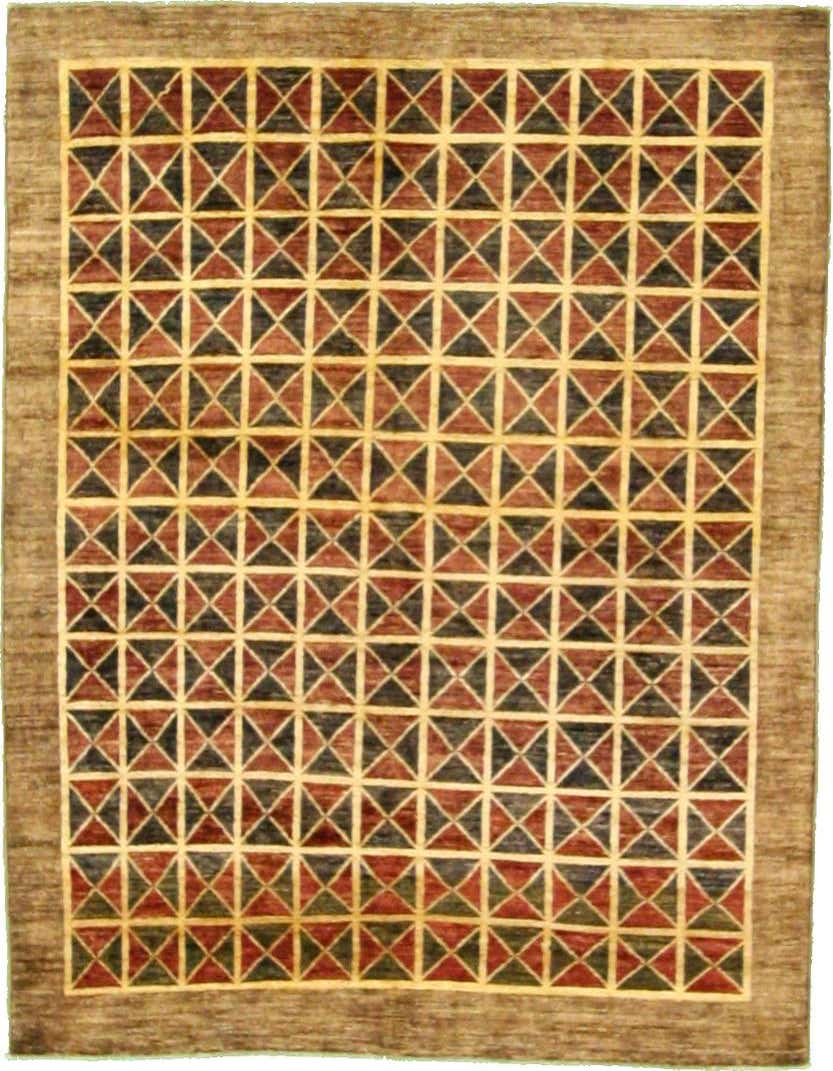 A 4x6 rectangular Modern Ziegler rug featuring a grid of squares, each divided into four triangles in shades of brown, tan, and dark red, with a solid brown border.