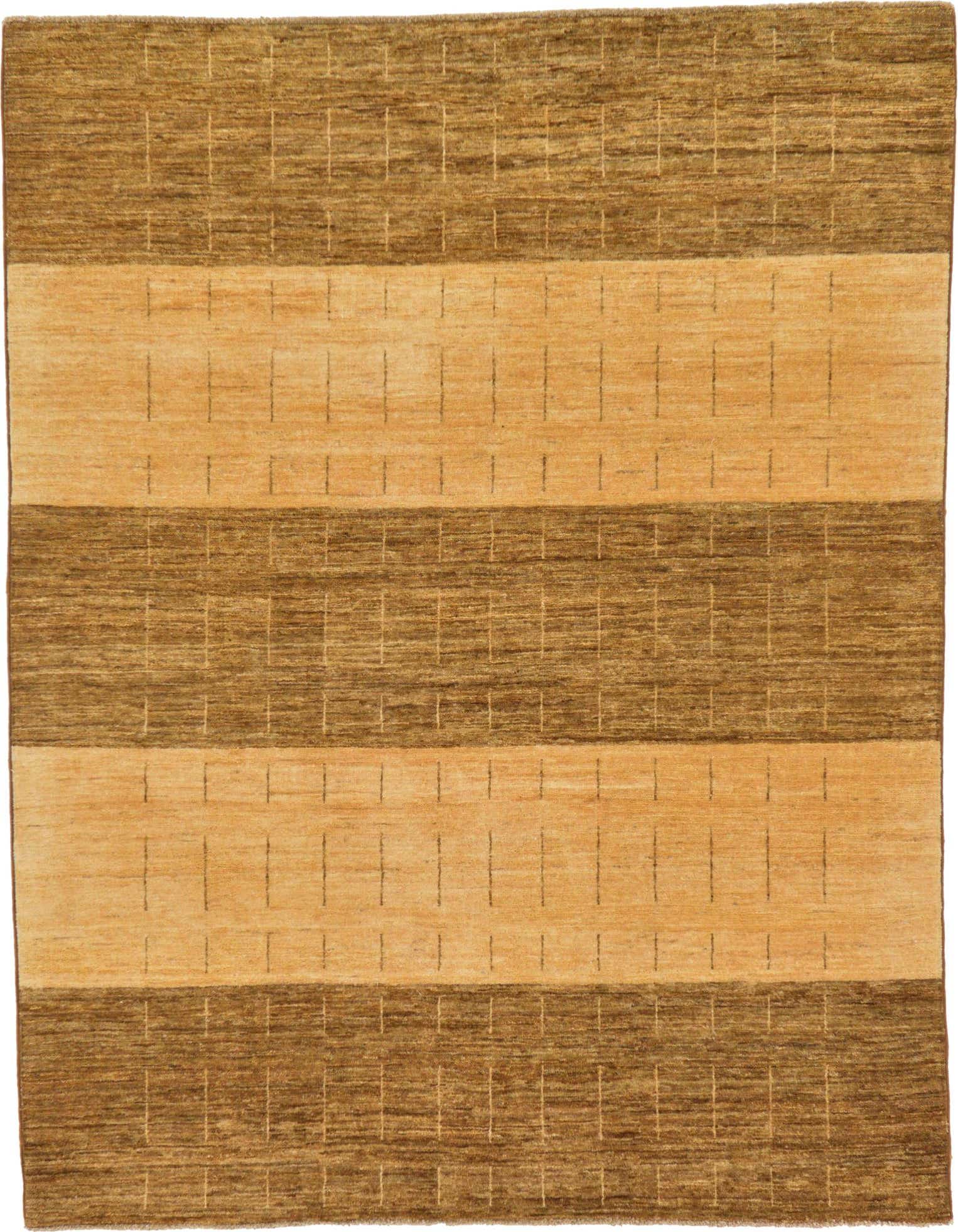 A 4x6 rectangular Modern Ziegler rug featuring alternating horizontal stripes of dark brown and tan with subtle tribal patterns.